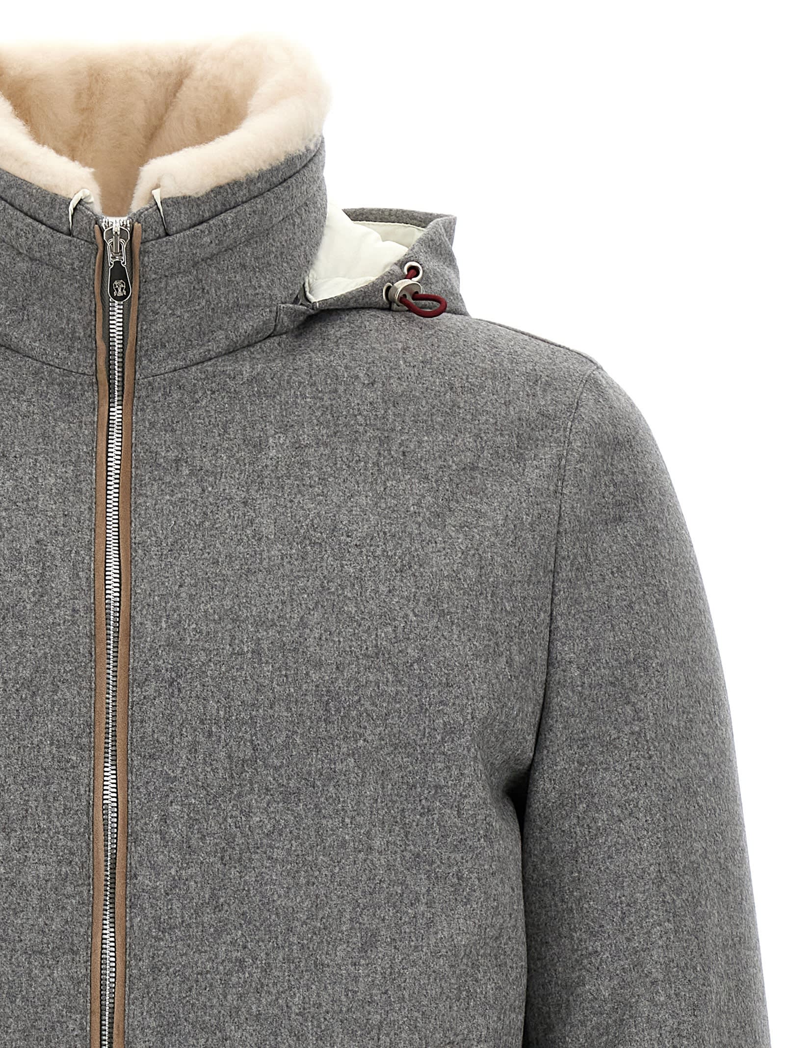 Brunello Cucinelli Men Membranated Wool Flannel Down Jacket With Shearling-lined Collar In Gray