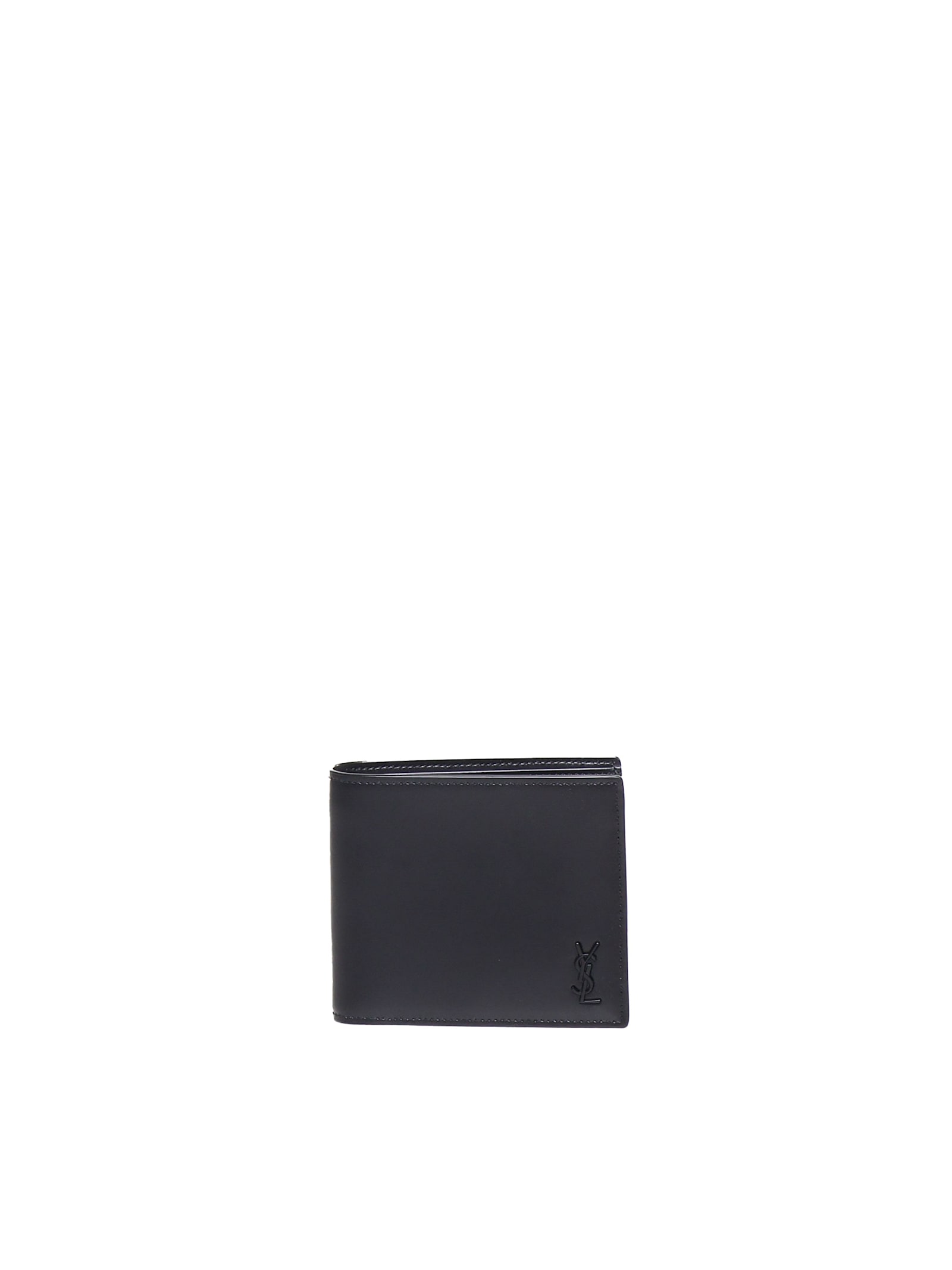 Saint Laurent Tiny Cassandre East/west Leather Wallet In Black
