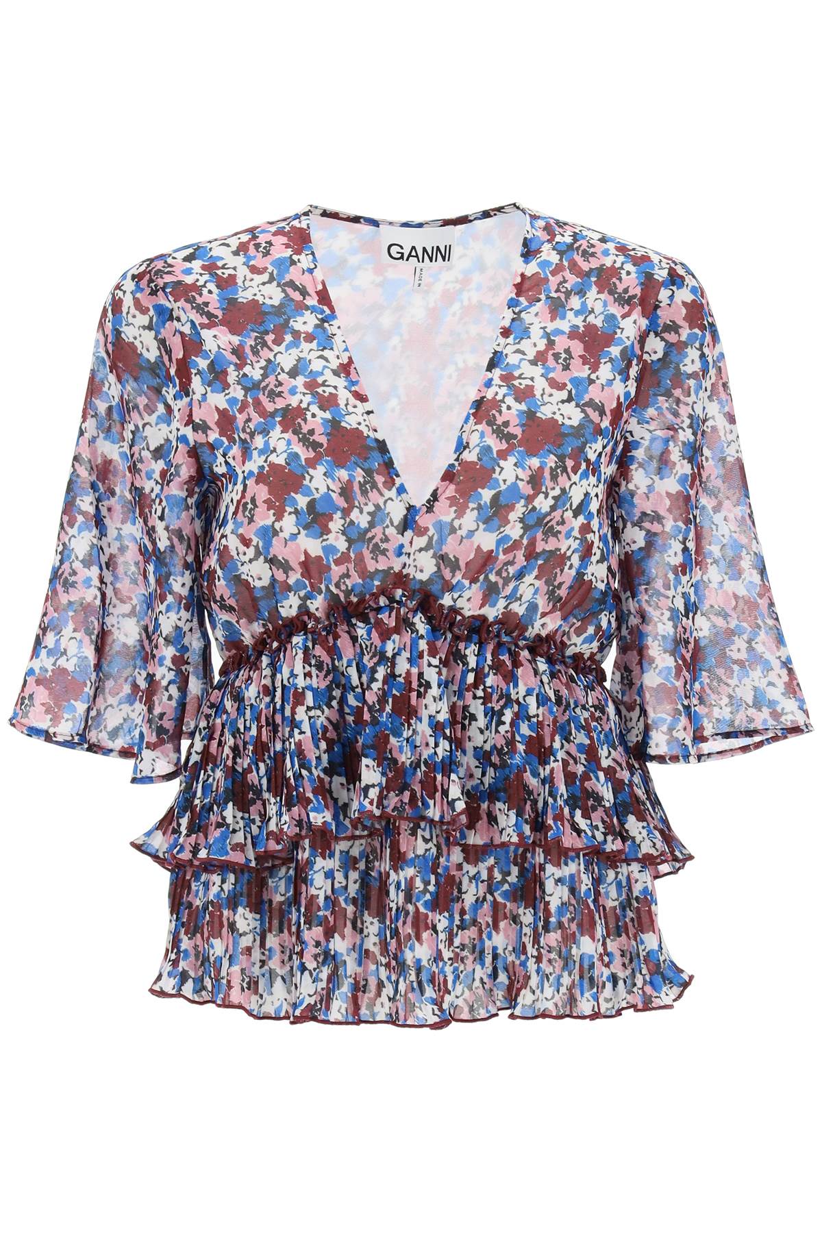 Shop Ganni Pleated Blouse With Floral Motif In Multicolor