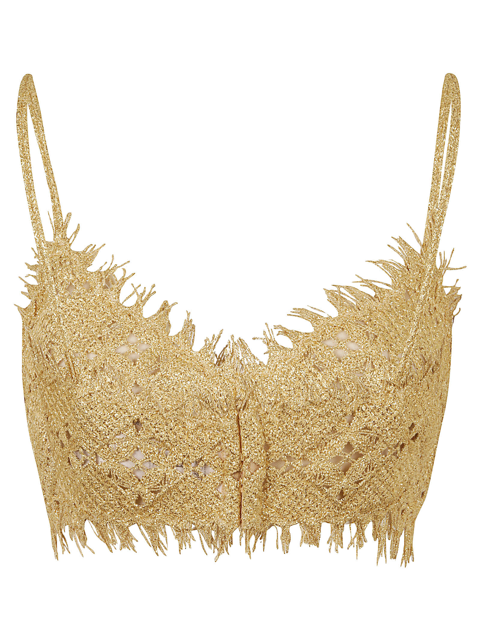 Shop Ermanno Scervino Fringe Trim Perforated Woven Top In Pale Gold