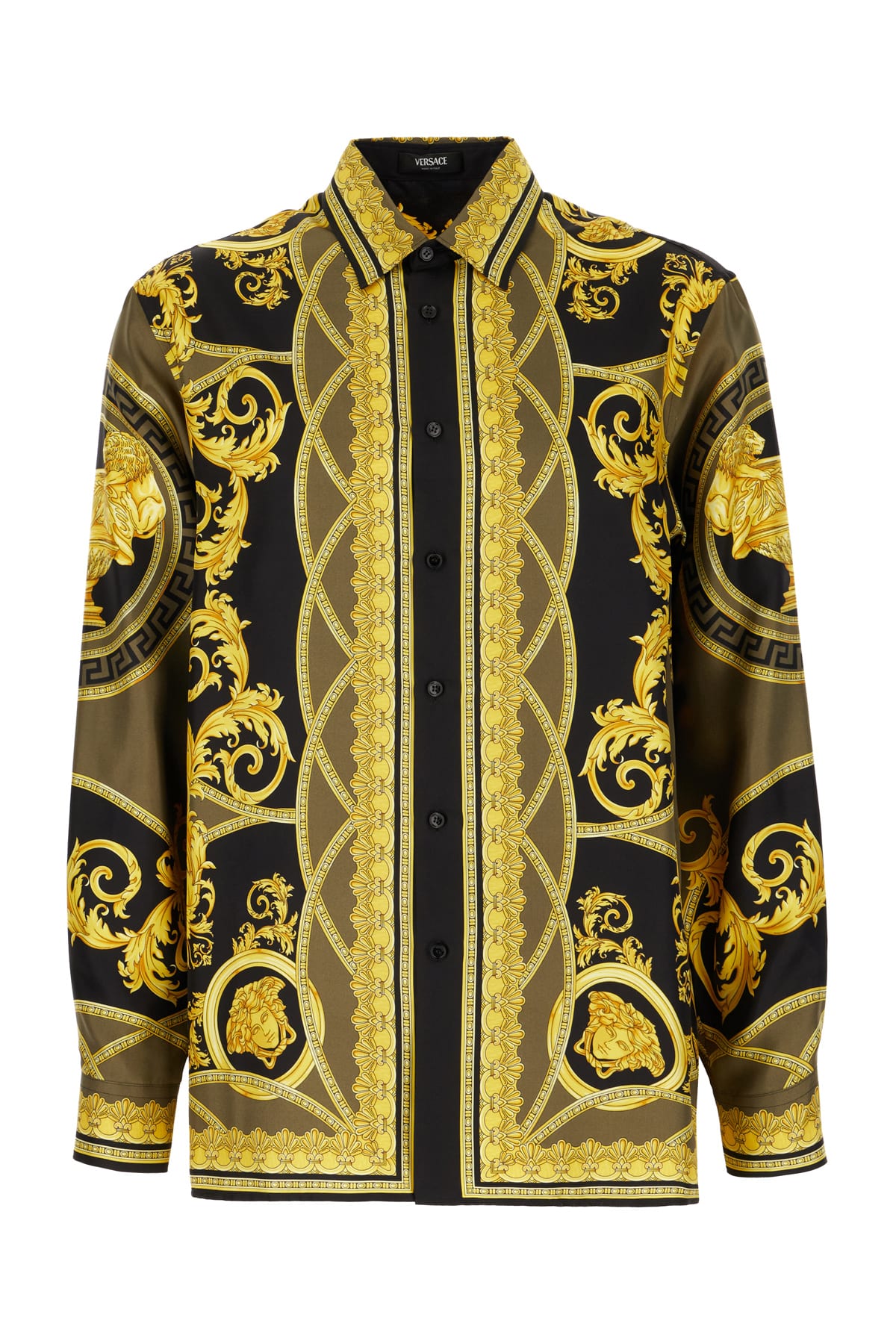 Versace Printed Silk Shirt In Black Dark Olive Gold