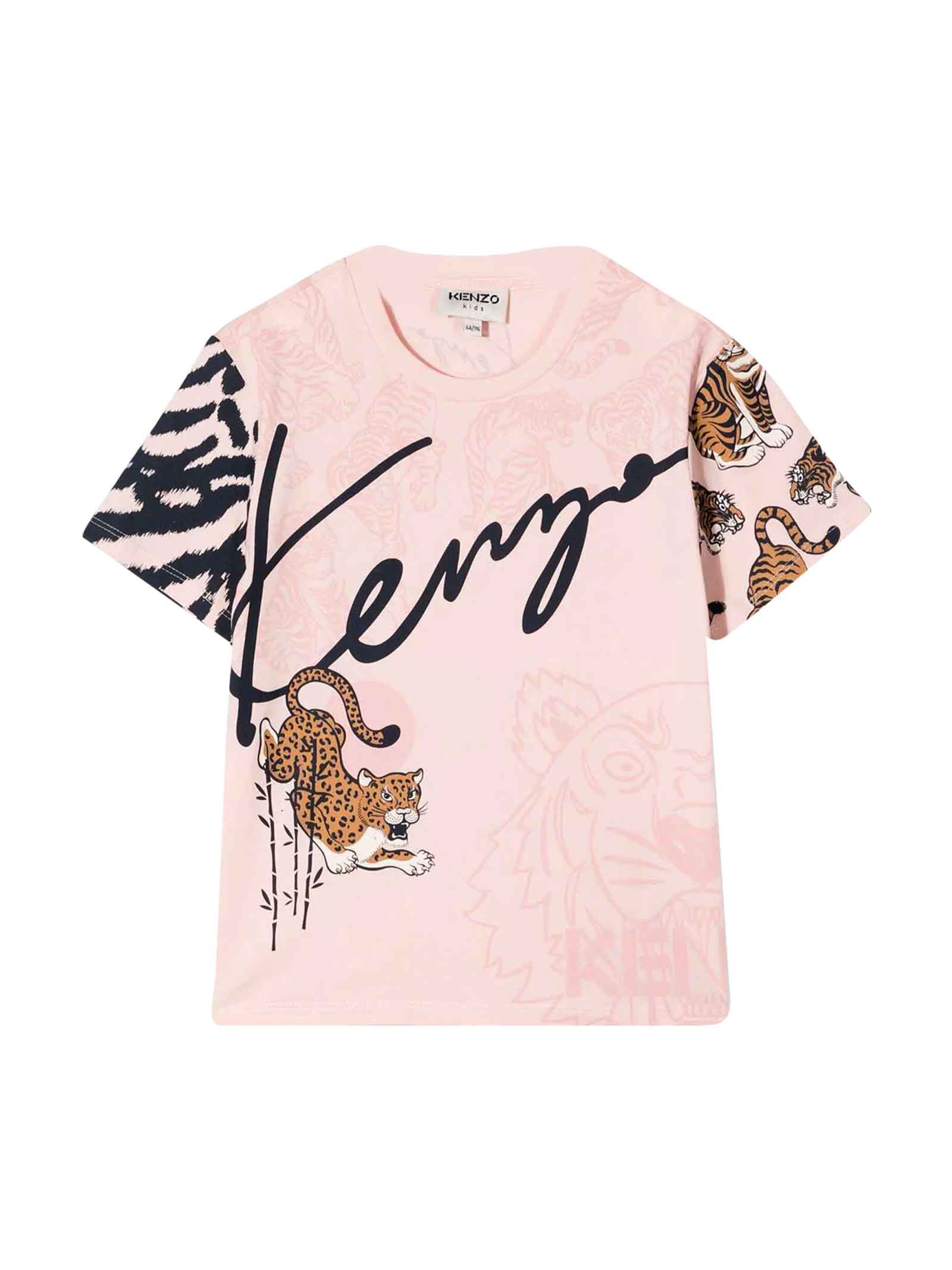 Kenzo Kids Pink Girl T-shirt With Print Keno Kids