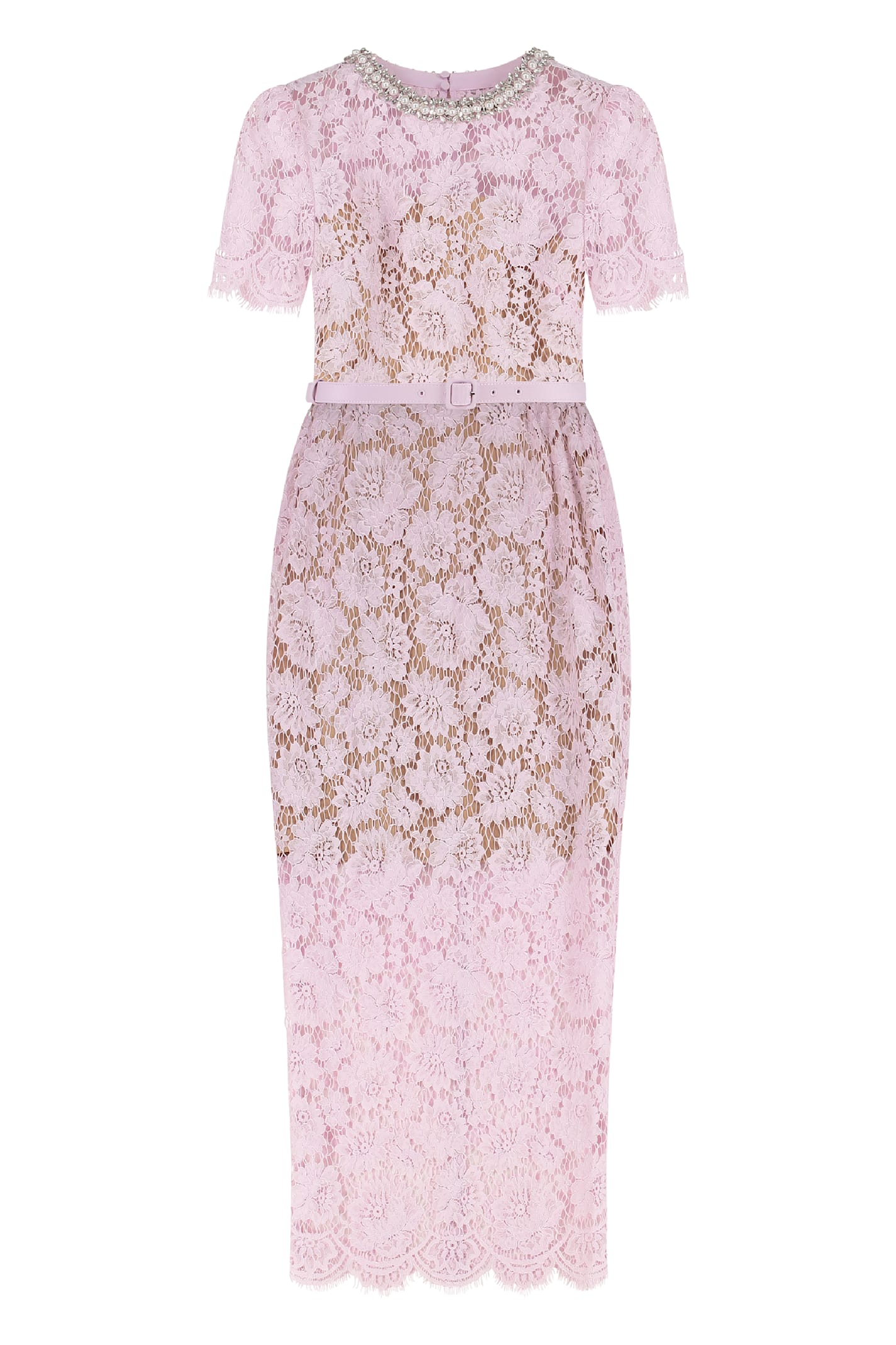 Self-portrait Pink Crewneck Midi Dress With All-over Lace Embroidery And Jewel Embellishment On The Collar