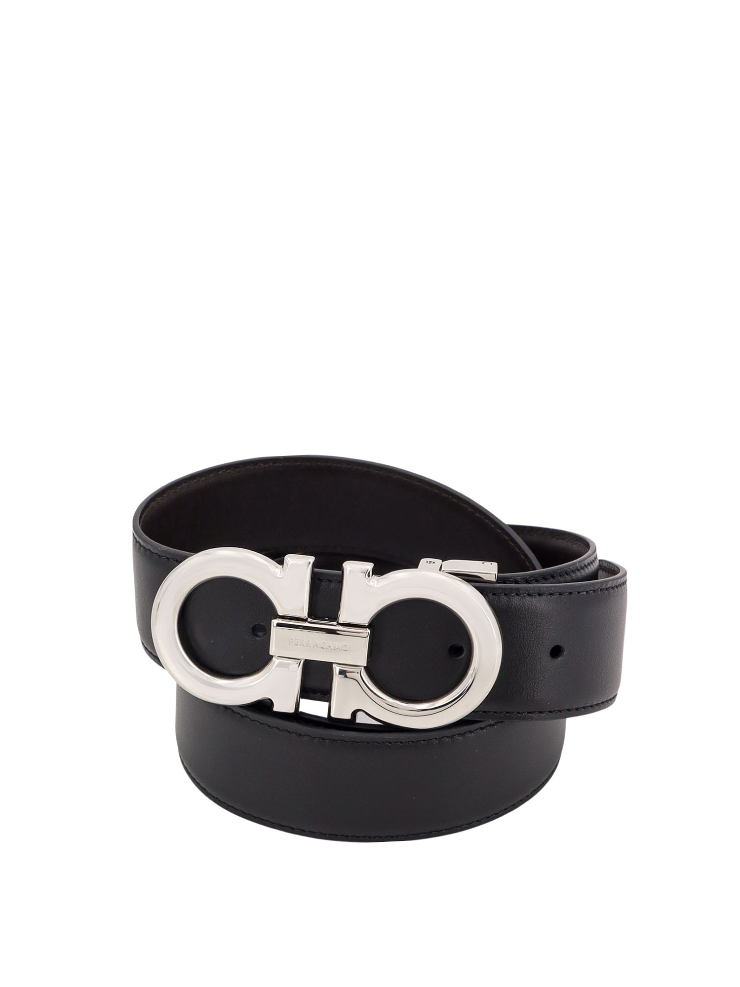 Ferragamo Reversible Hammered Leather Gancini Belt In Black