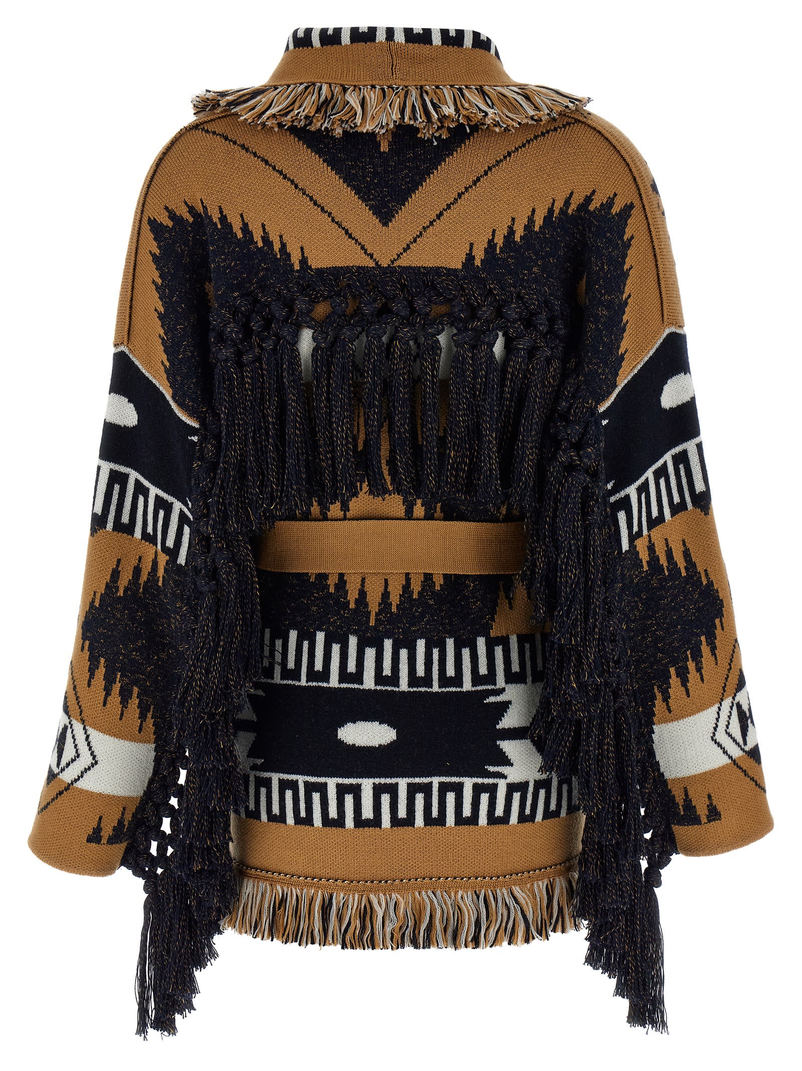 Alanui Waist Belt Fringe Geometric Pattern Long Sleeves Cardigan In Multicolor