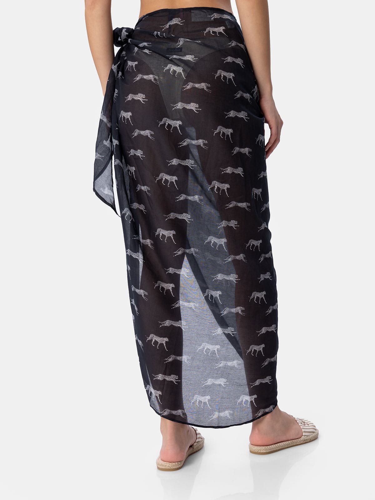 Mc2 Saint Barth Woman Silk Voile Long Pareo Oasi With Animalier Print In Black