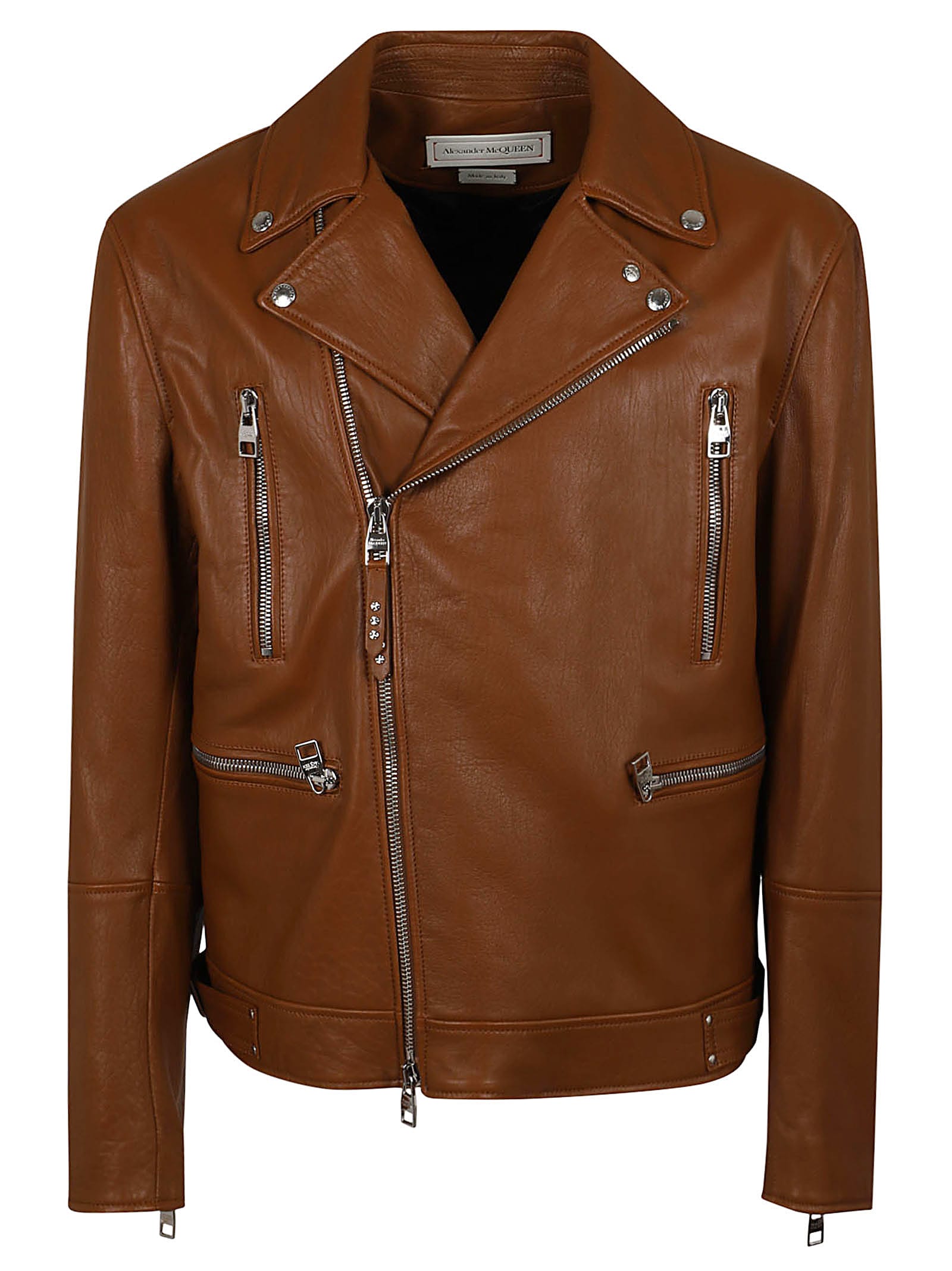 Alexander Mcqueen Leather Biker Jacket In Tobacco