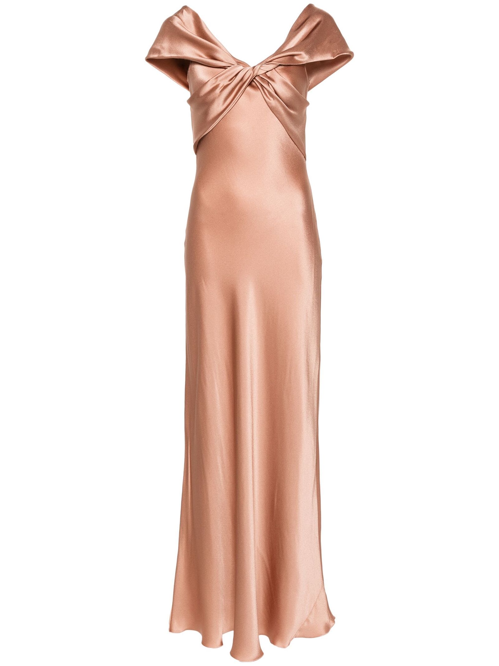 Shop Alberta Ferretti Long Bronze Silk Blend Satin Dress In Brown
