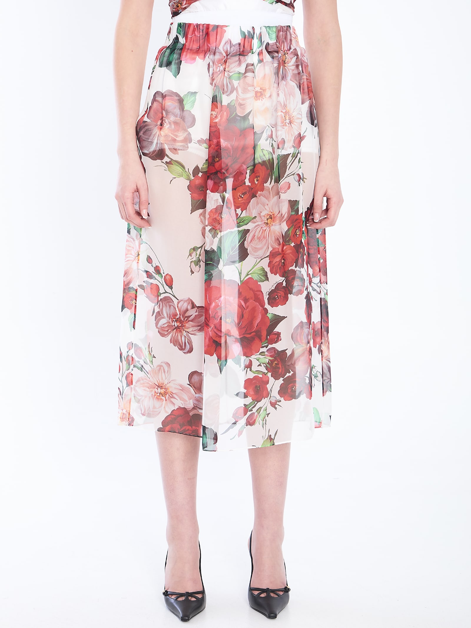 Dolce & Gabbana Multicolor Skirt With All-over Floral Motif In Silk Woman In White