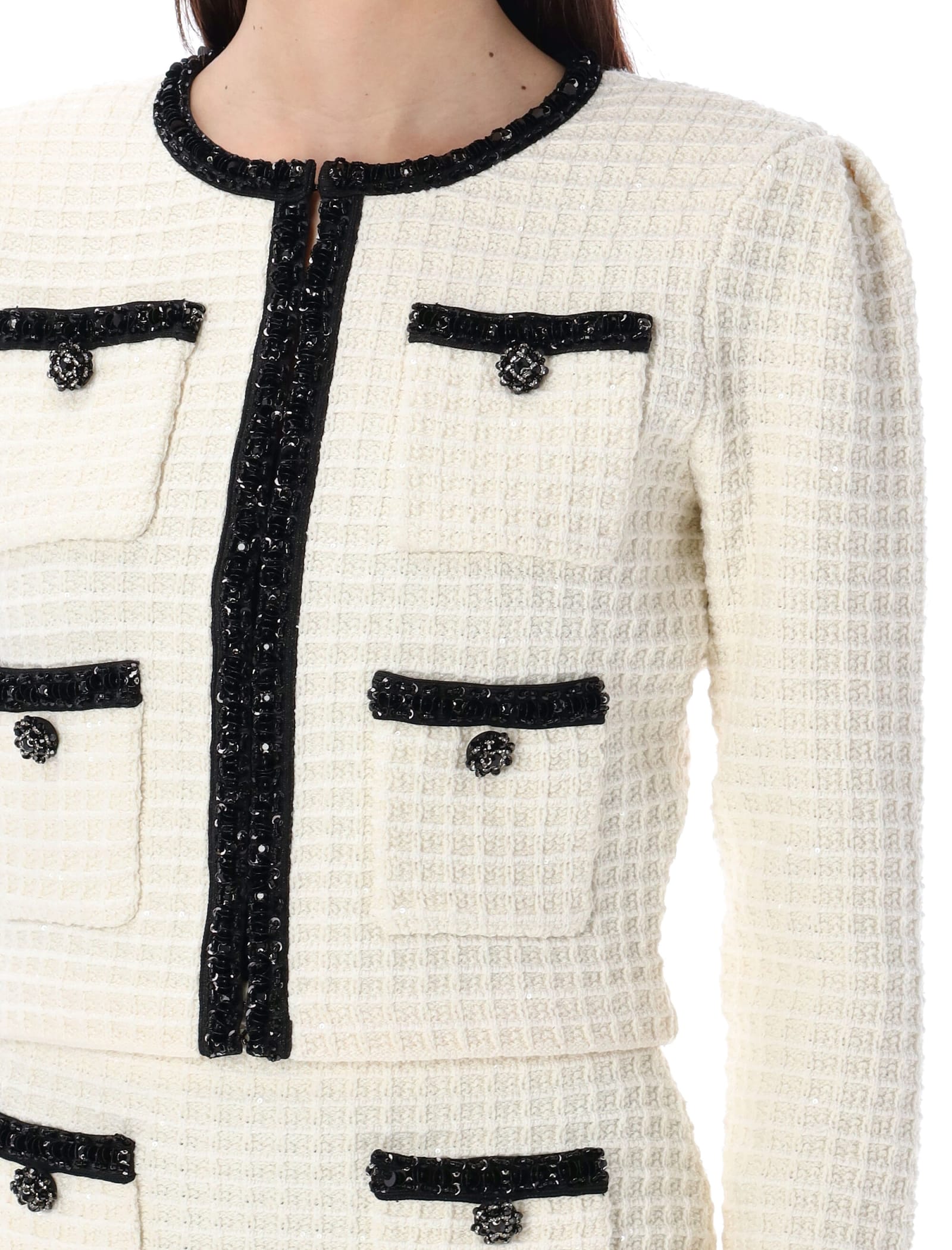 Shop Self-portrait Textured Knit Cardigan In Cream