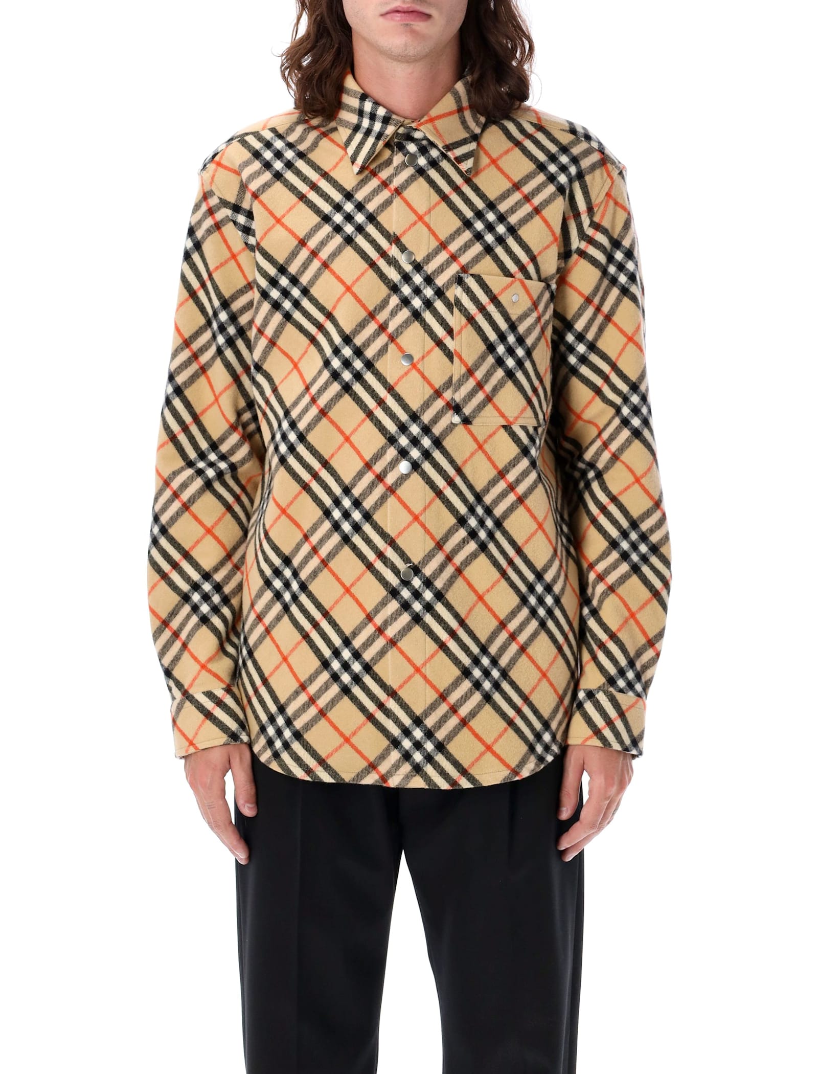 Shop Burberry Check Wool Flannel Shirt In Sand Ip Check