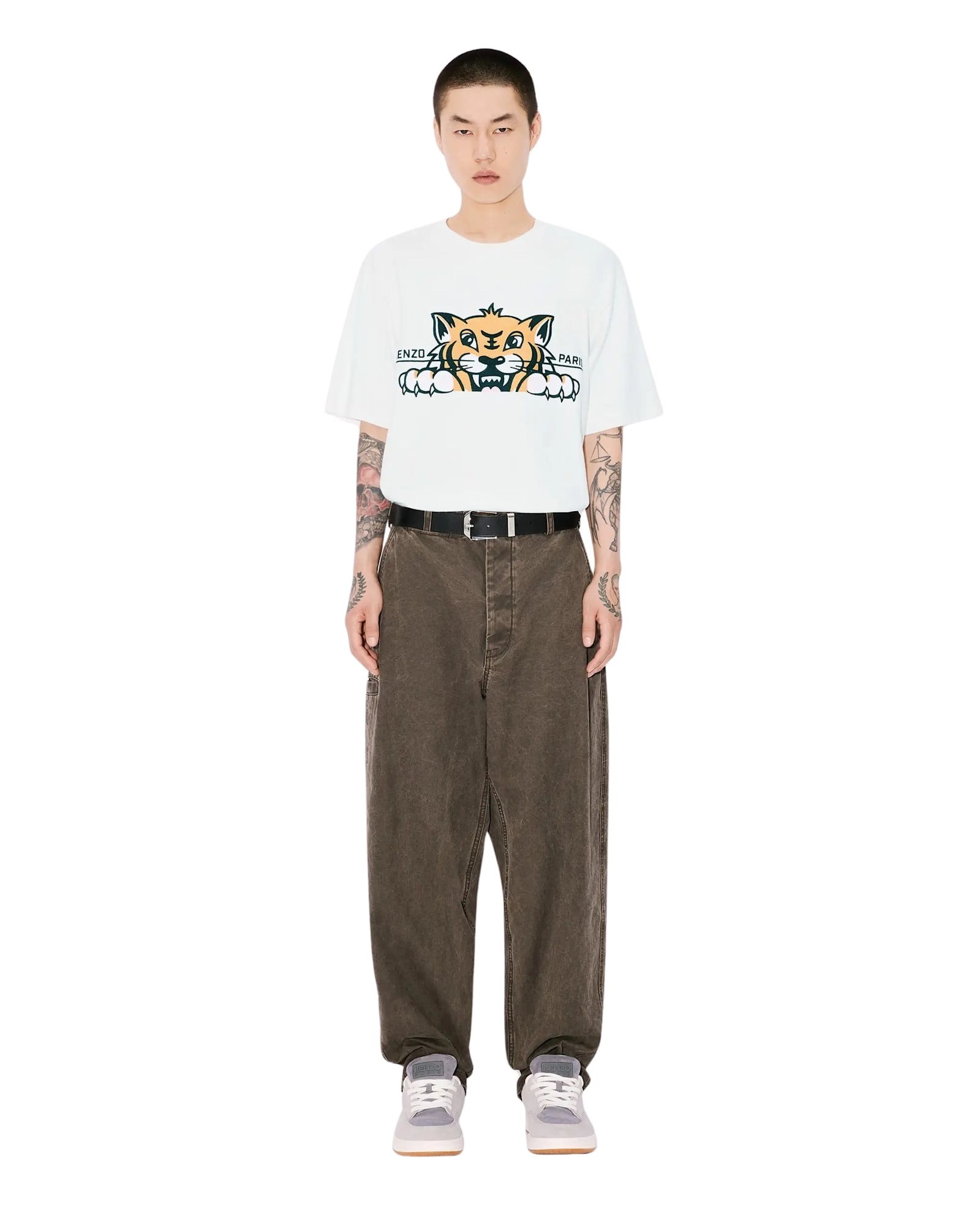 Kenzo 'gots Happy Tiger' White Crewneck T-shirt With Maxi Logo Embroidery On The Front And Logo Lettering In Off White