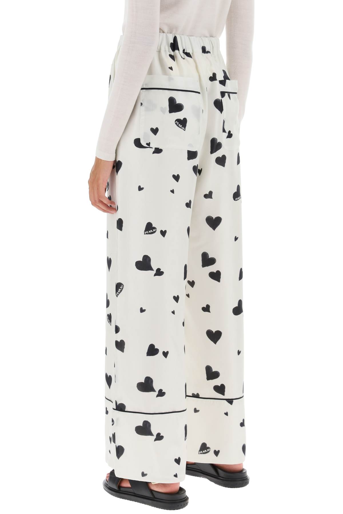 Shop Marni Pajama Pants With Bunch Of Hearts Motif In Stone White (white)