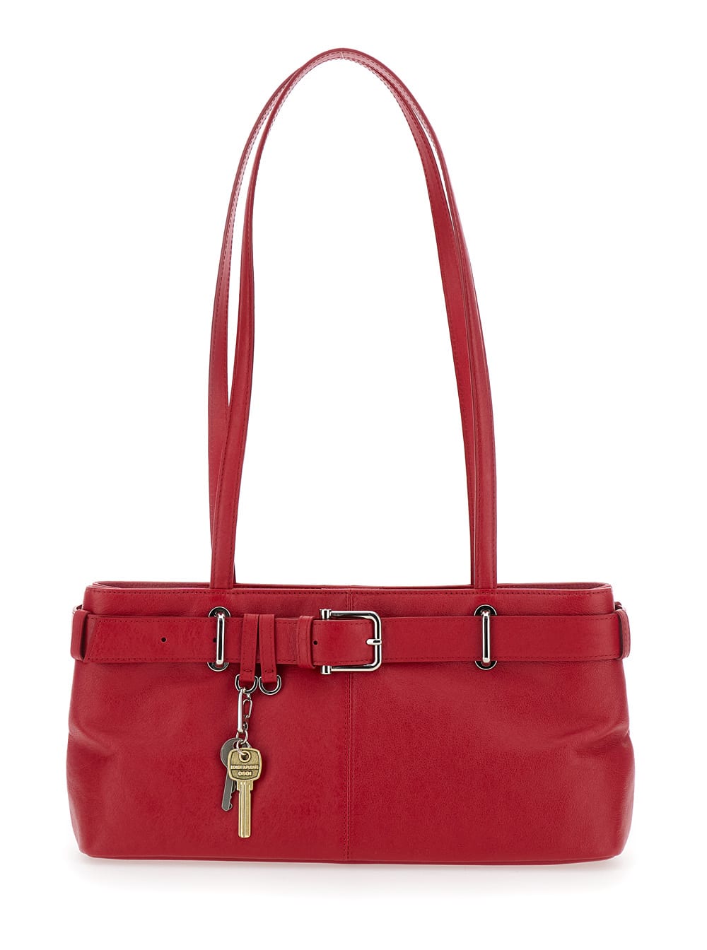 Red Shoulder Bag With Belt Detail And Pendant Keys In Leather Woman