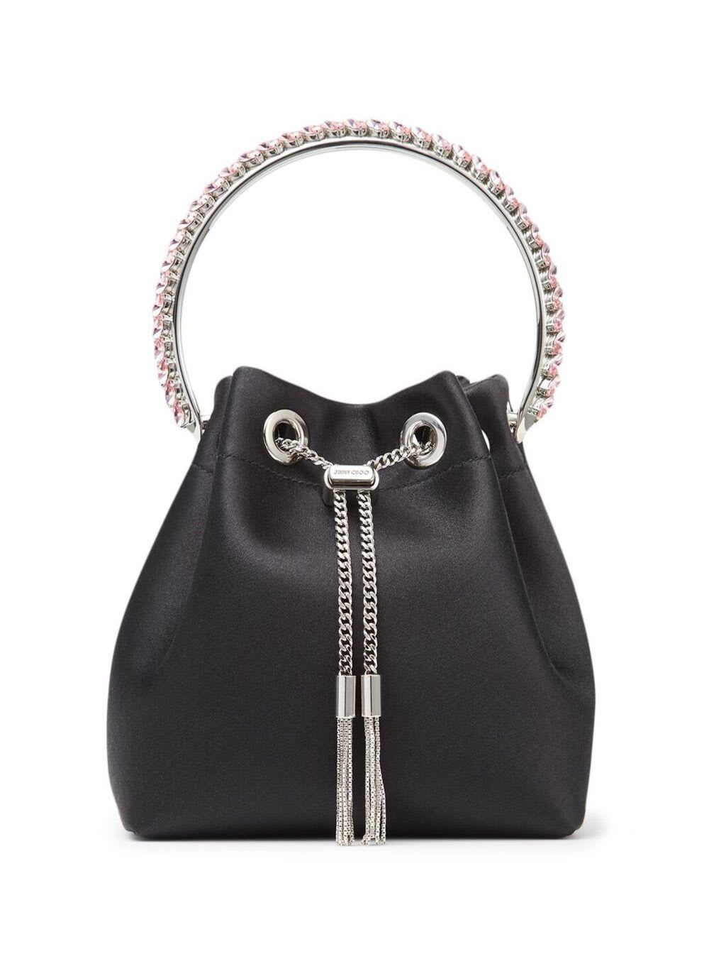 bon Bon Mini Black Handbag With Metal Crystal Bracelet Handle In Satin Fabbric Woman