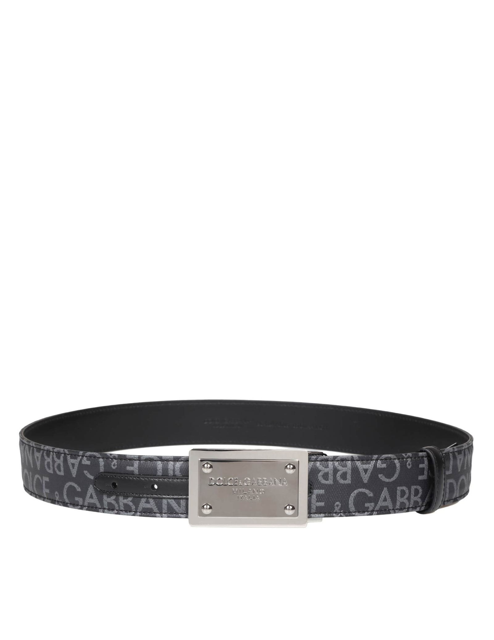 Shop Dolce & Gabbana Belt In Jacquard Fabric With Metal Dg Plate In Black / Black