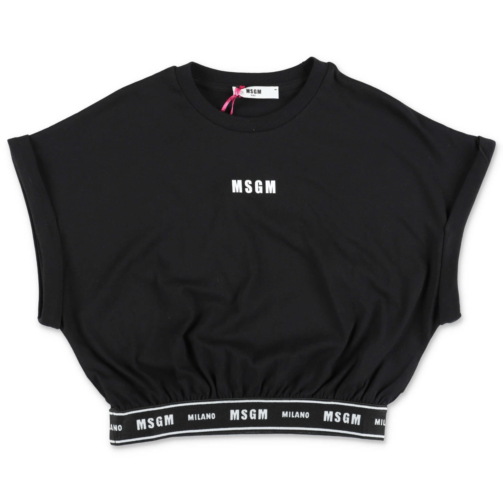 Msgm T-shirt Nera Cropped In Jersey Di Cotone