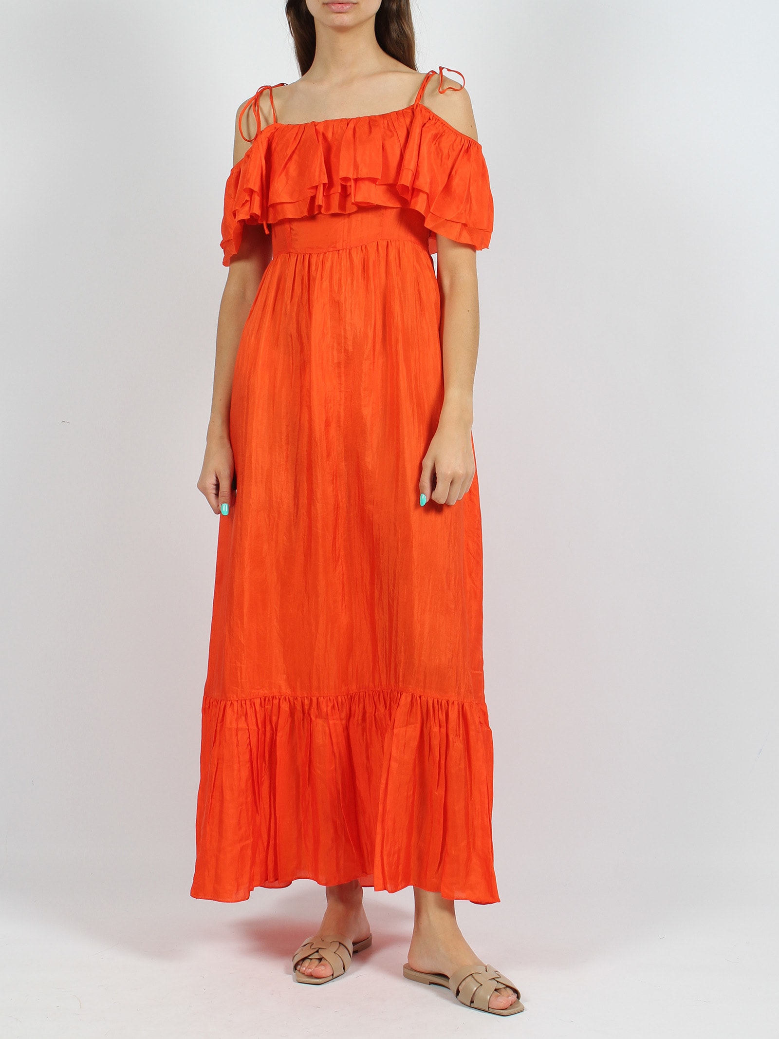 Shop The Rose Ibiza Ruffled Silk Long Dress In Yellow & Orange