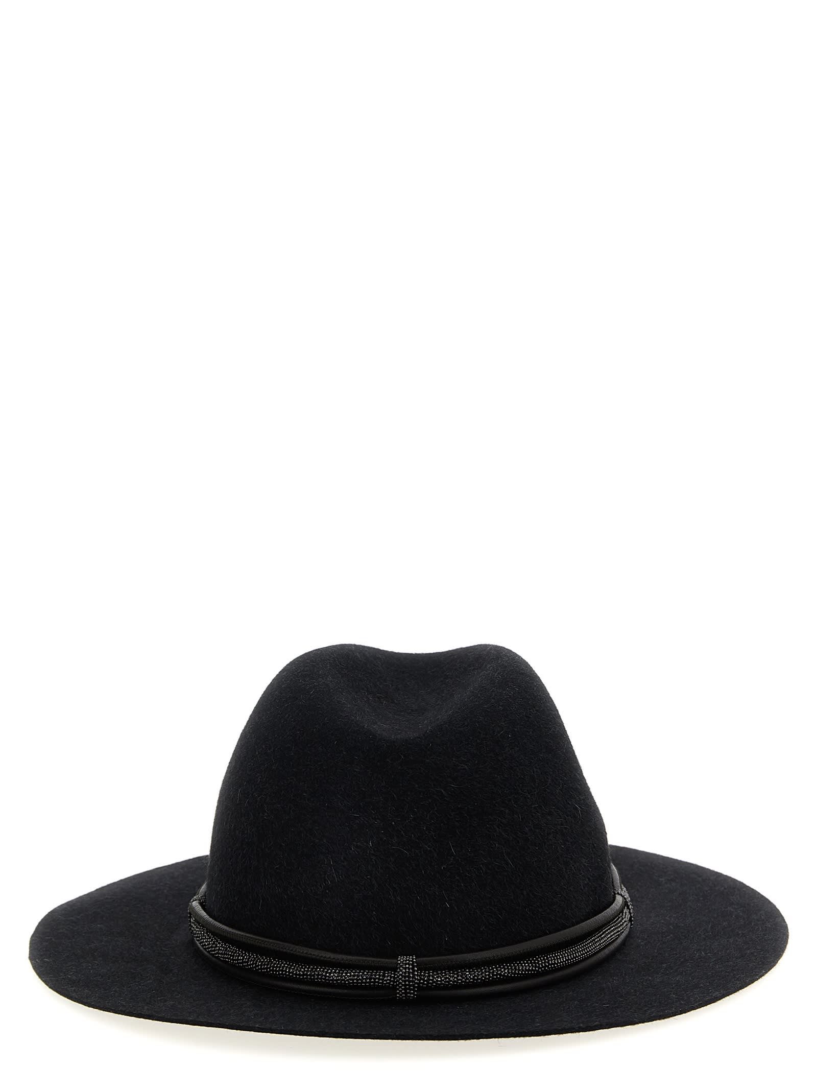 Brunello Cucinelli Leather Hat Featuring Jewel Embellishment In Black