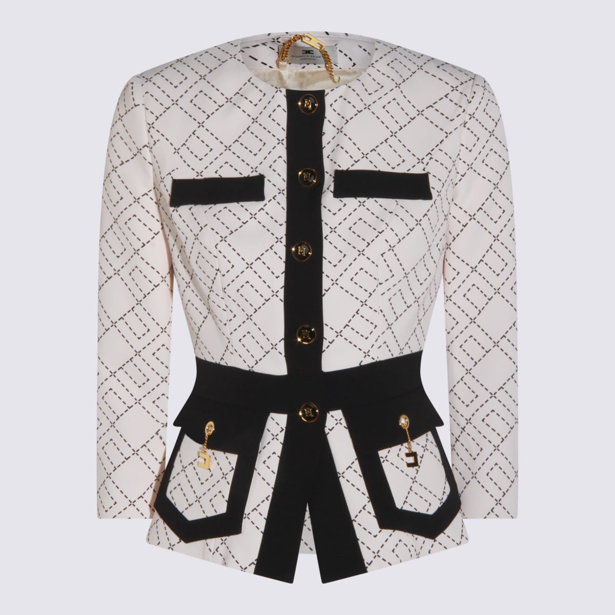 Elisabetta Franchi Chain Trim Blazer Geometric Pattern In Gray