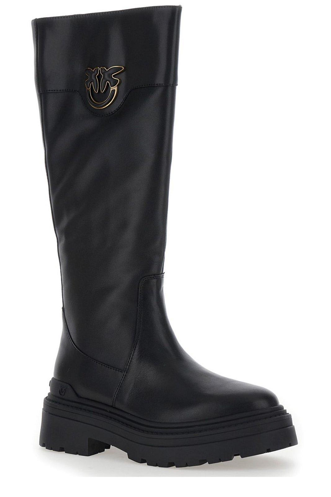 Shop Pinko Logo Plaque Round Toe Boots In Nero Limousine