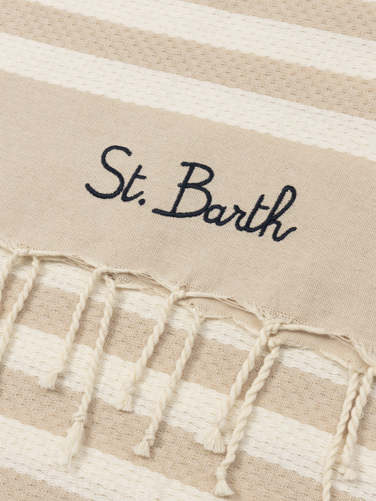 Mc2 Saint Barth Cotton Beach Towel Fouta With Beige Striped Print In White