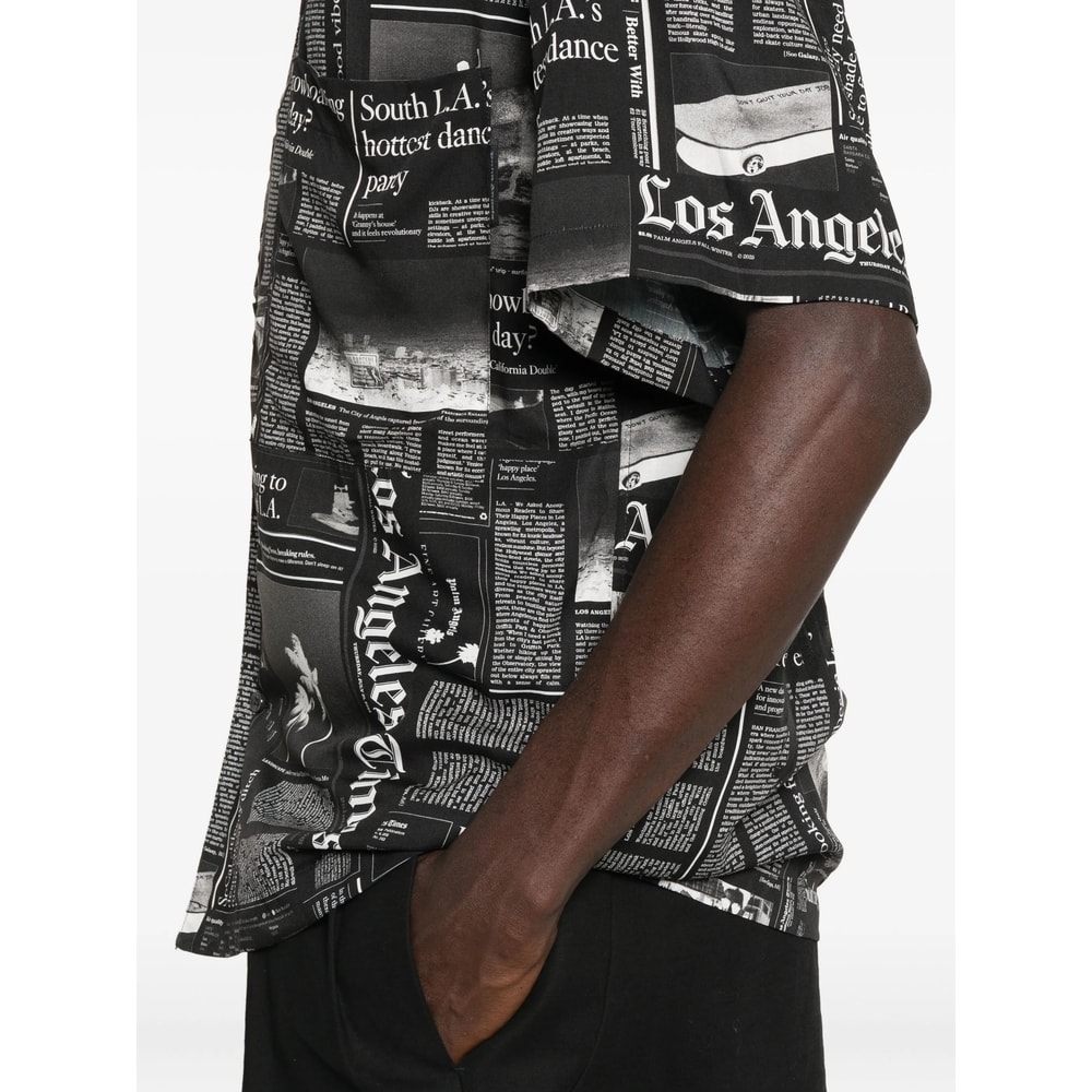 Palm Angels Newspaper Motif Short-sleeved Shirt In Black
