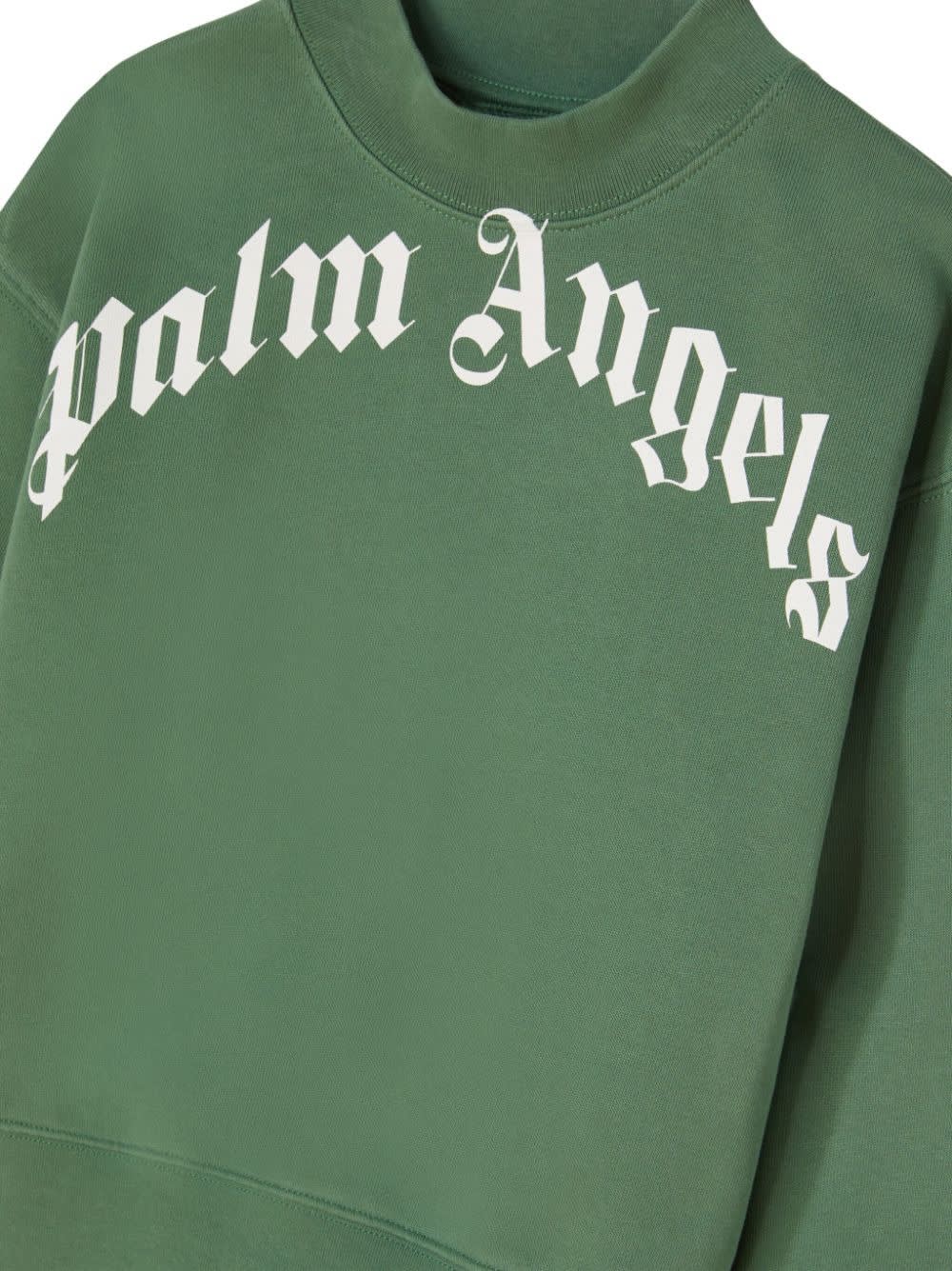 Shop Palm Angels Green Crew Neck Sweatshirt With Curved Logo