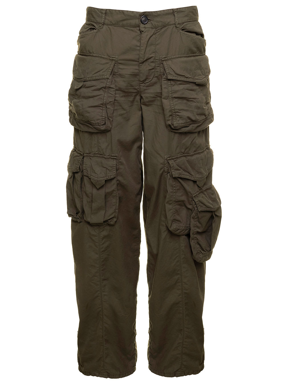 Shop Dsquared2 Military Green Low Waisted Cargo Pants With Branded Buttons In Stretch Cotton Woman