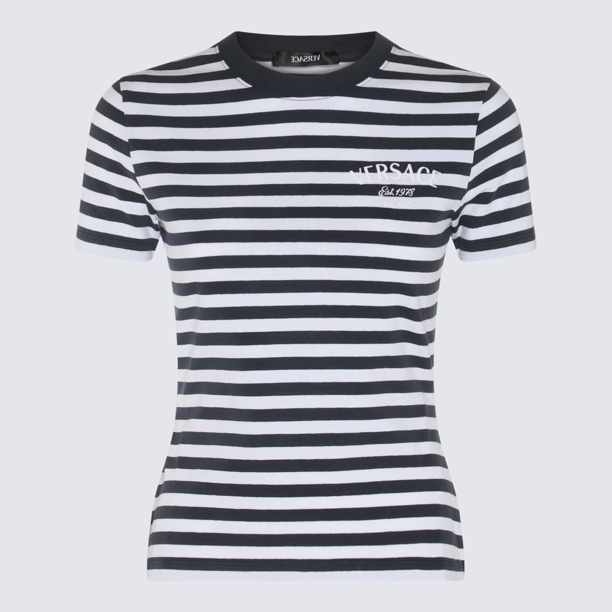 Versace Black And White Cotton Blend T-shirt In White+navy+multicolor