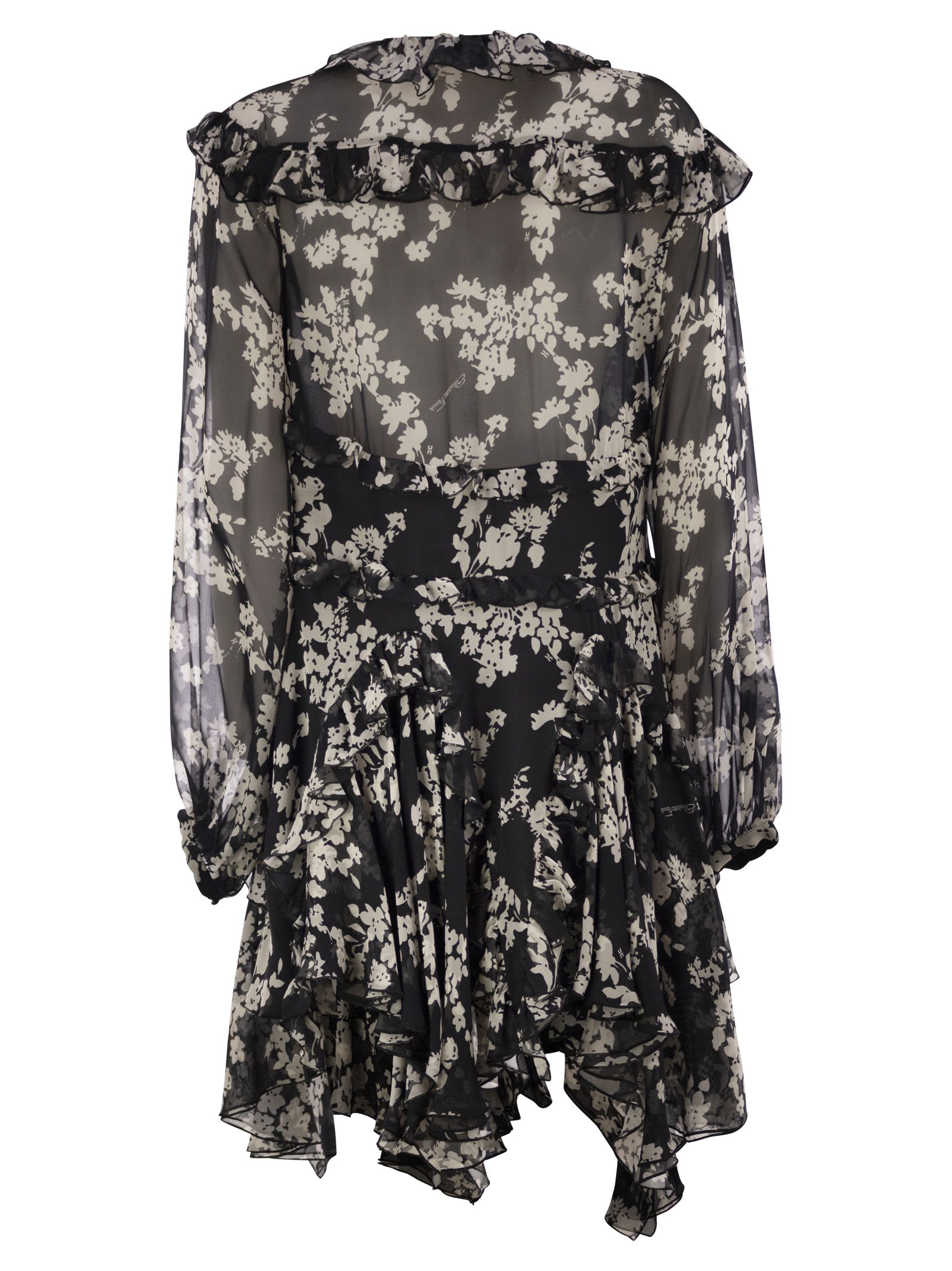 Elisabetta Franchi Printed Silk Voile Dress With Ruffles In Black