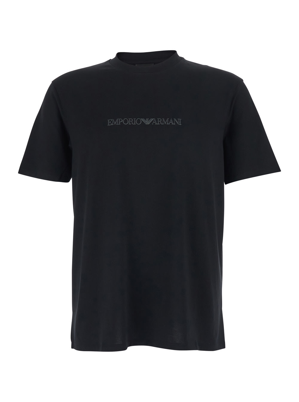 Emporio Armani Black Crewneck T-shirt With Logo Embroidery On The Front In Cotton Man