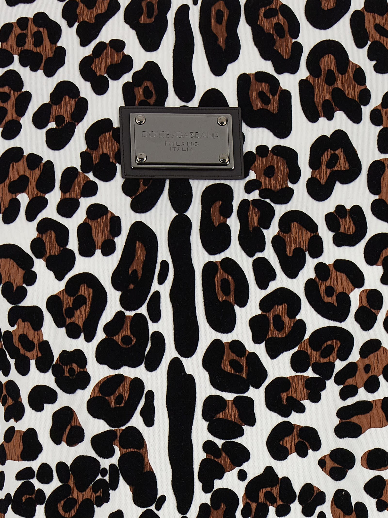 Dolce & Gabbana Crew Neck Flocked Cotton T-shirt With Animal Motif In Multicolor