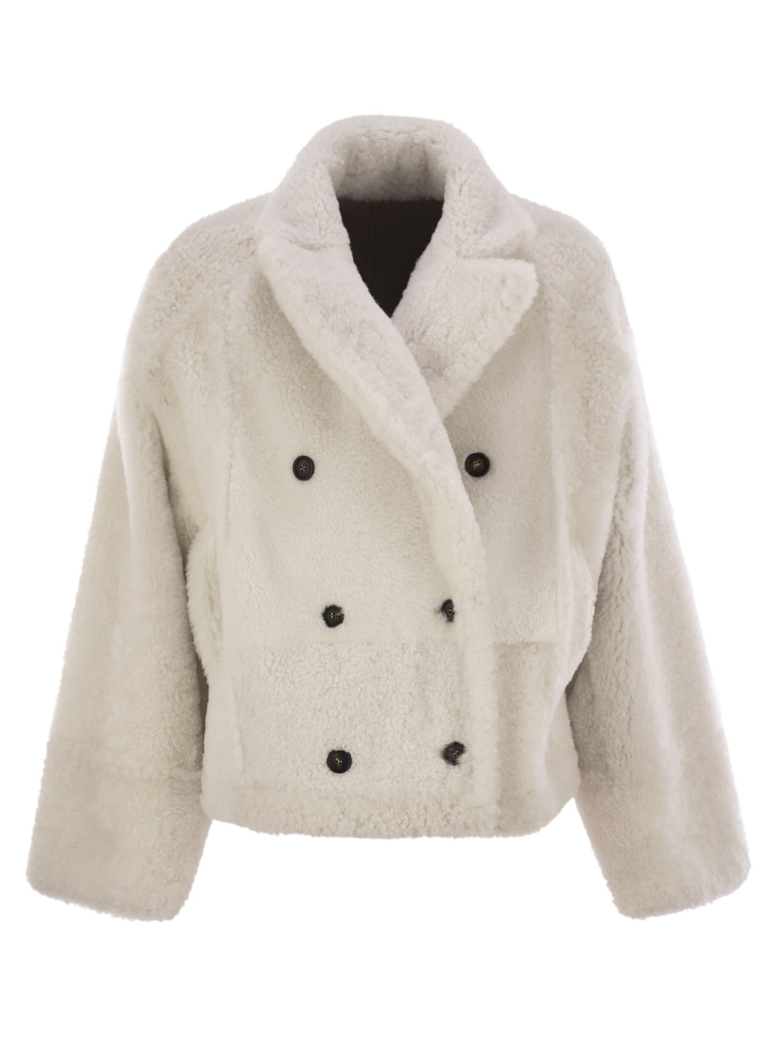 Shop Brunello Cucinelli Reversible Fuzzy Shearling Outerwear With Jewellery In Oat