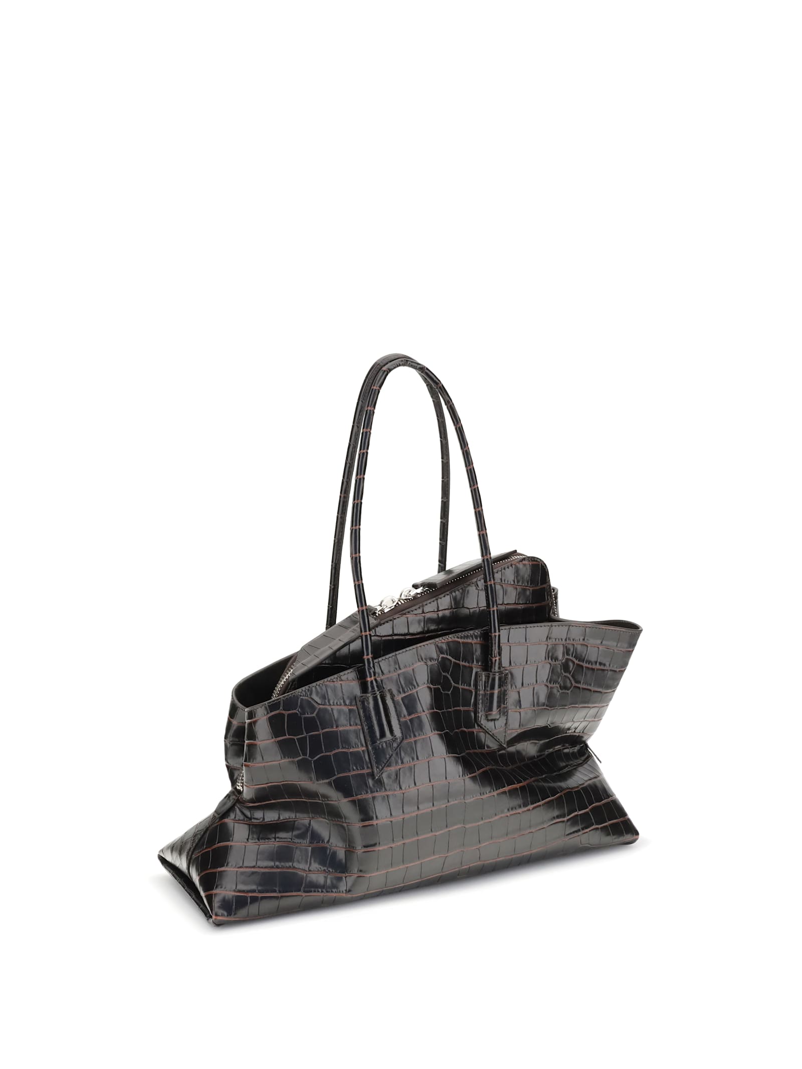 Attico La Passegiata Medium Asymmetric Croc-effect Leather Tote In Black