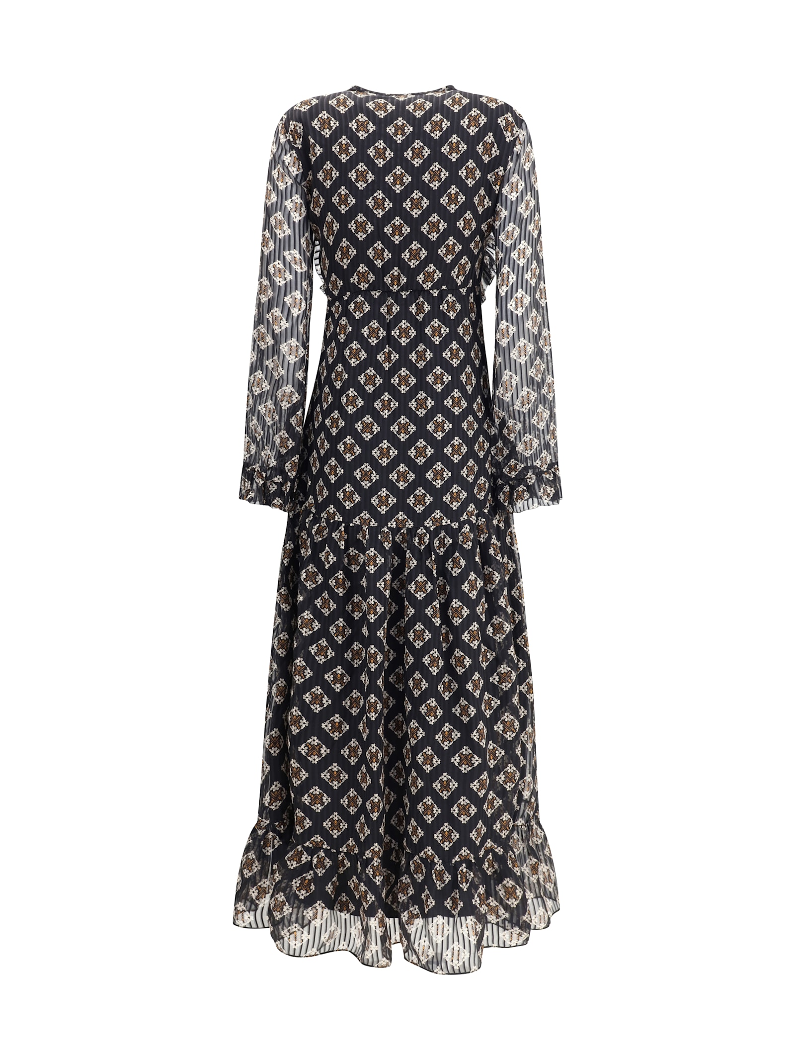 Kristina Ti Ruffled Geometric-print Maxi Dress In Black