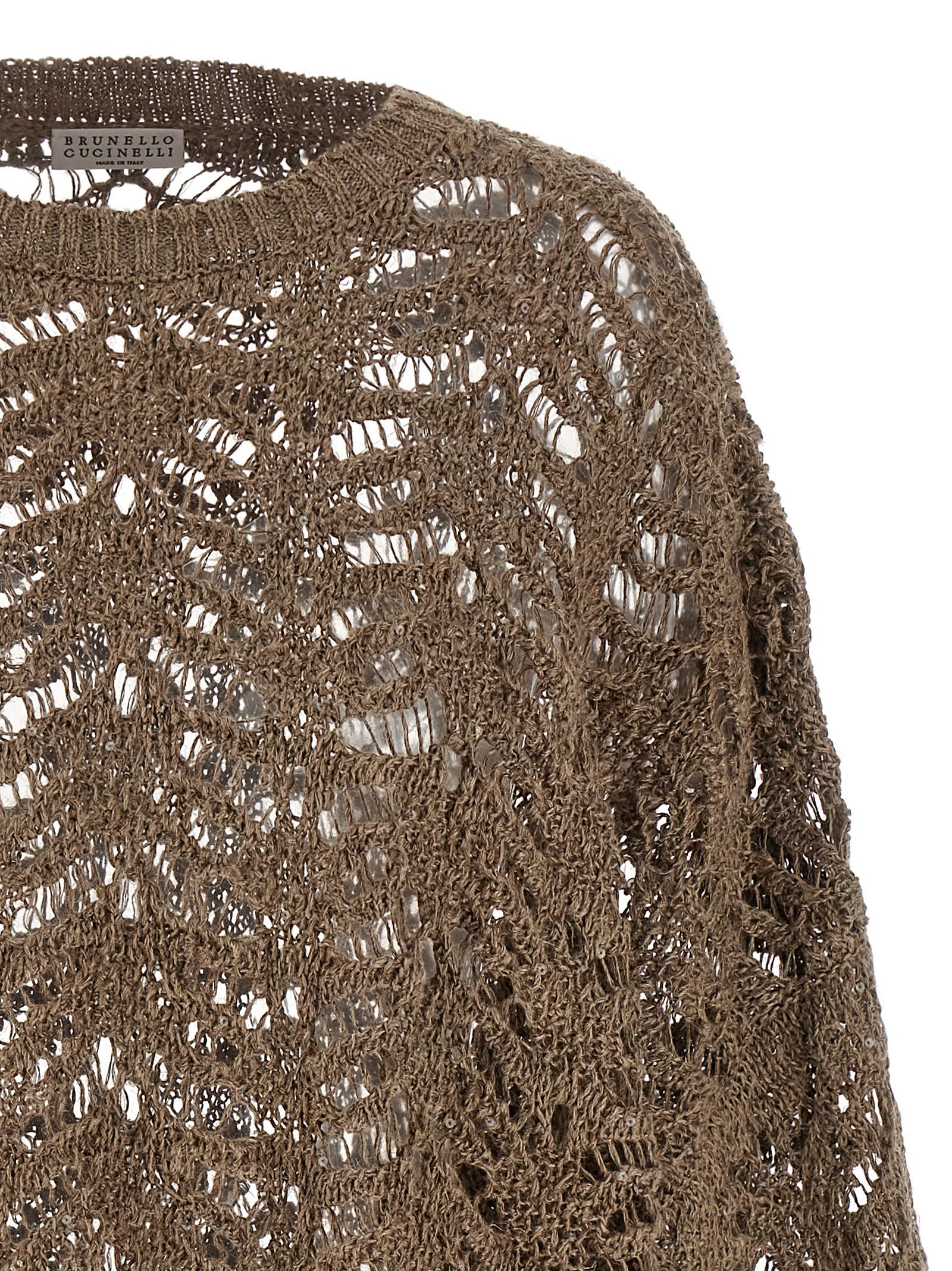 Brunello Cucinelli Dazzling Brown Round Neck Sweater With Open Stitch And Beaded Decorations In Linen Blend Woman In Brown