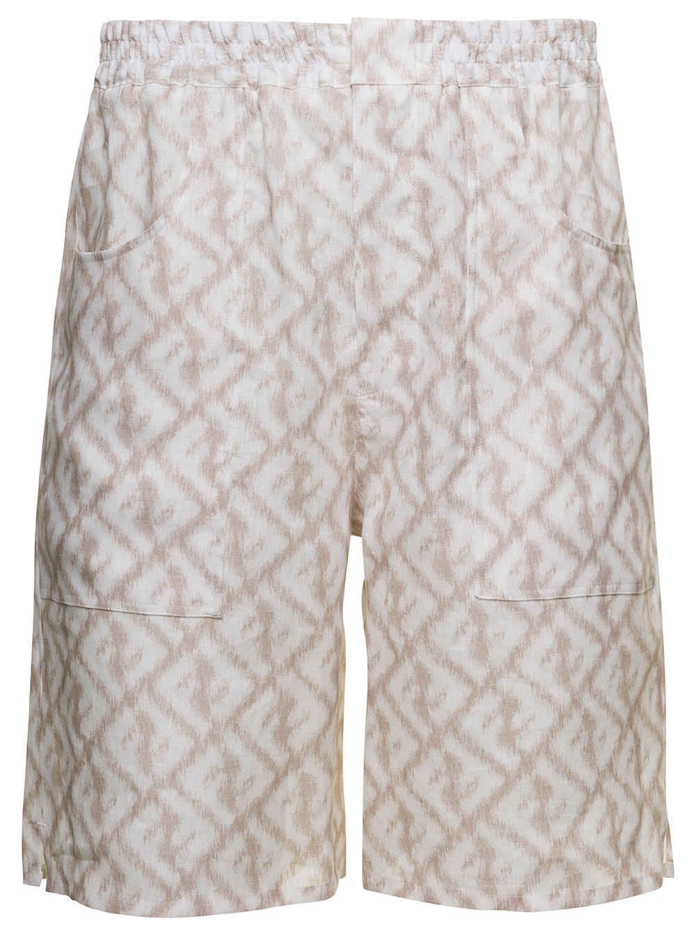 FENDI BEIGE AND WHITE BERMUDA SHORTS WITH IKAT-EFFECT DIAGONAL FF MOTIF PRINT IN LINEN MAN