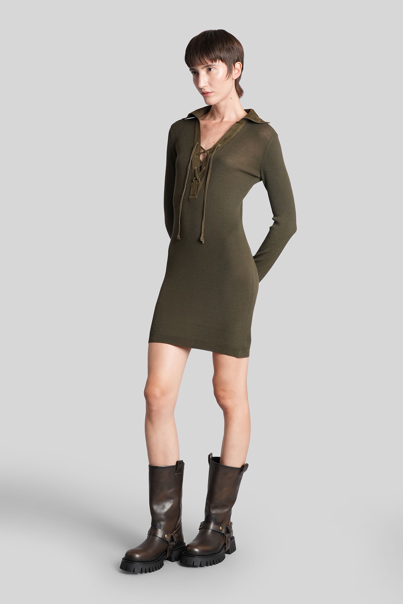 Golden Goose Lace-up Collared Knitted Mini Dress In Green