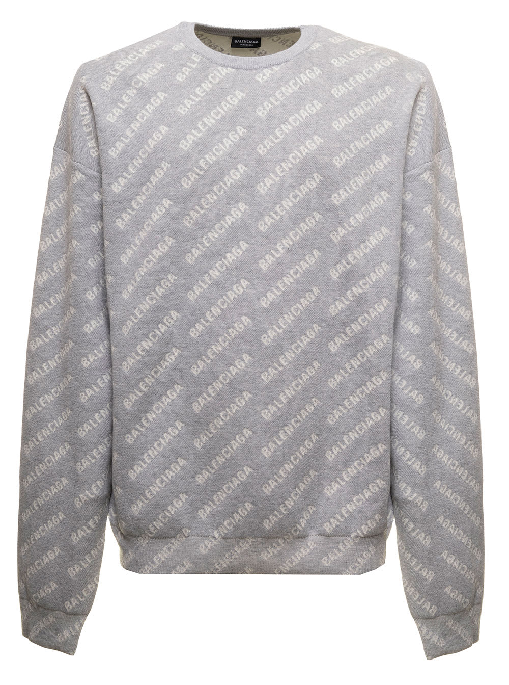 Balenciaga Gray Sweater In Wool And Cotton Blend Knit With Allover Contrasting Jacquard Logo Balenciaga Man