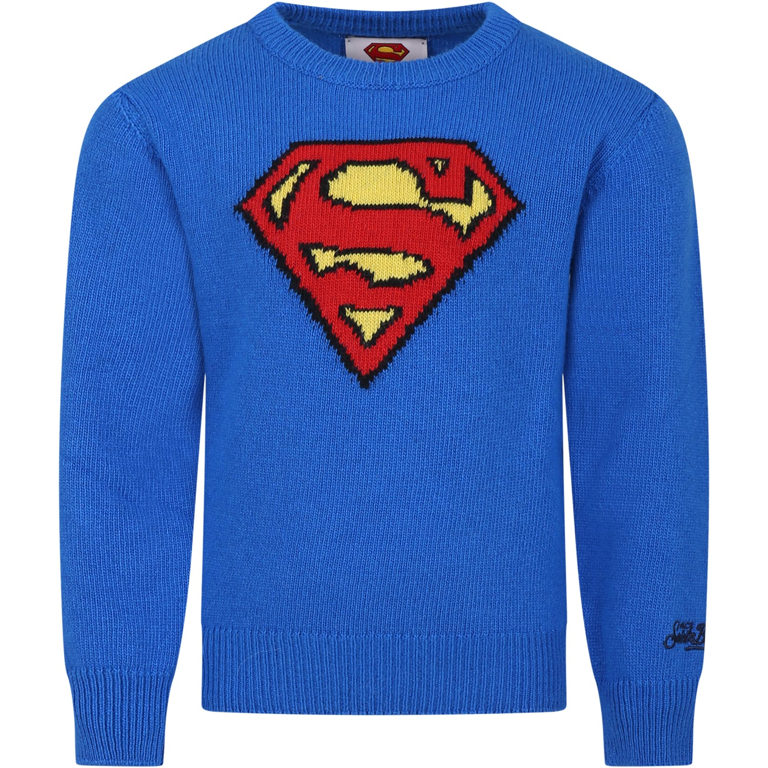 Mc2 Saint Barth Kids' Blue Sweater For Boy With Superman In Light Blue