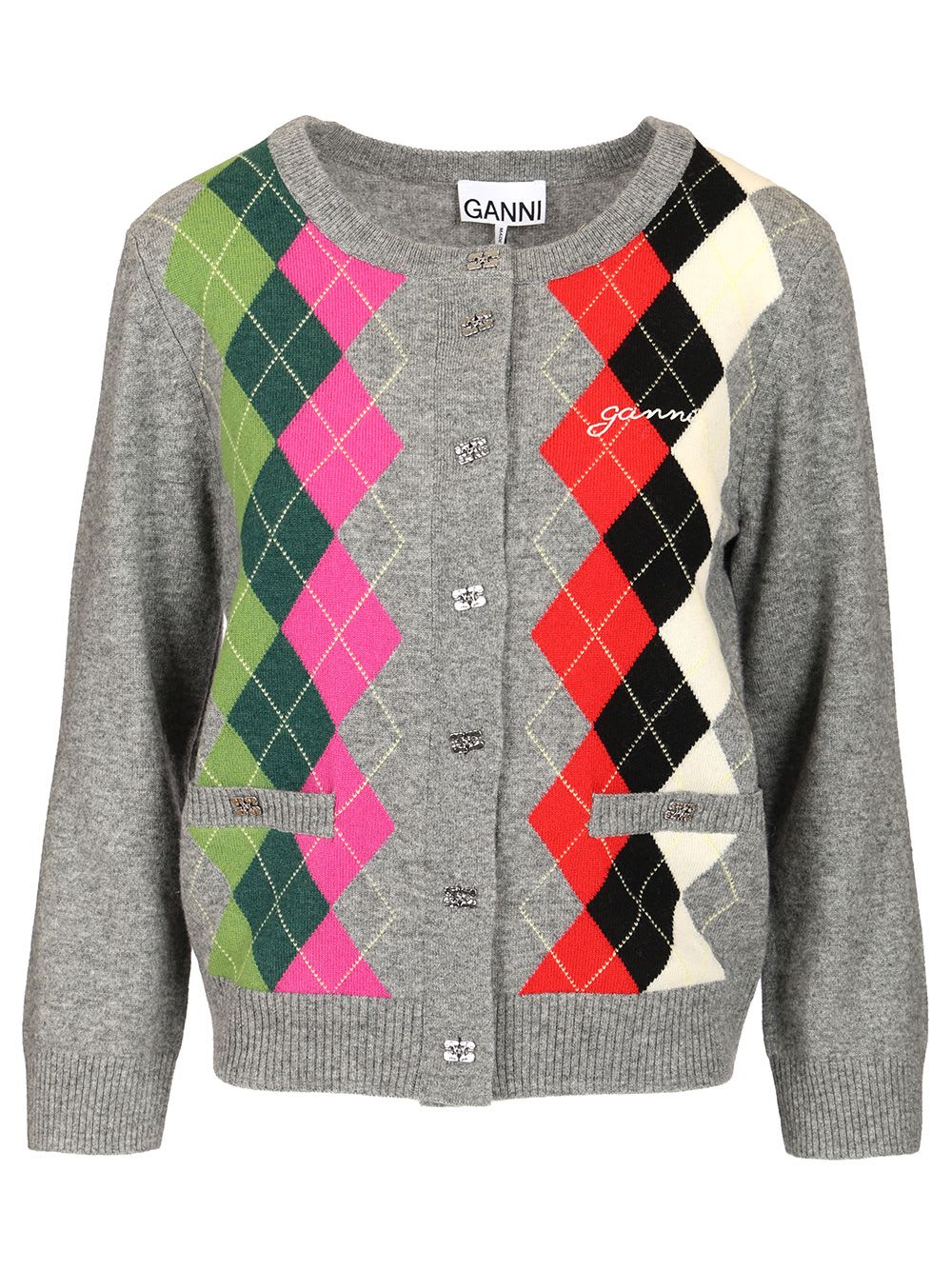 Ganni Checked Cardigan In Gray