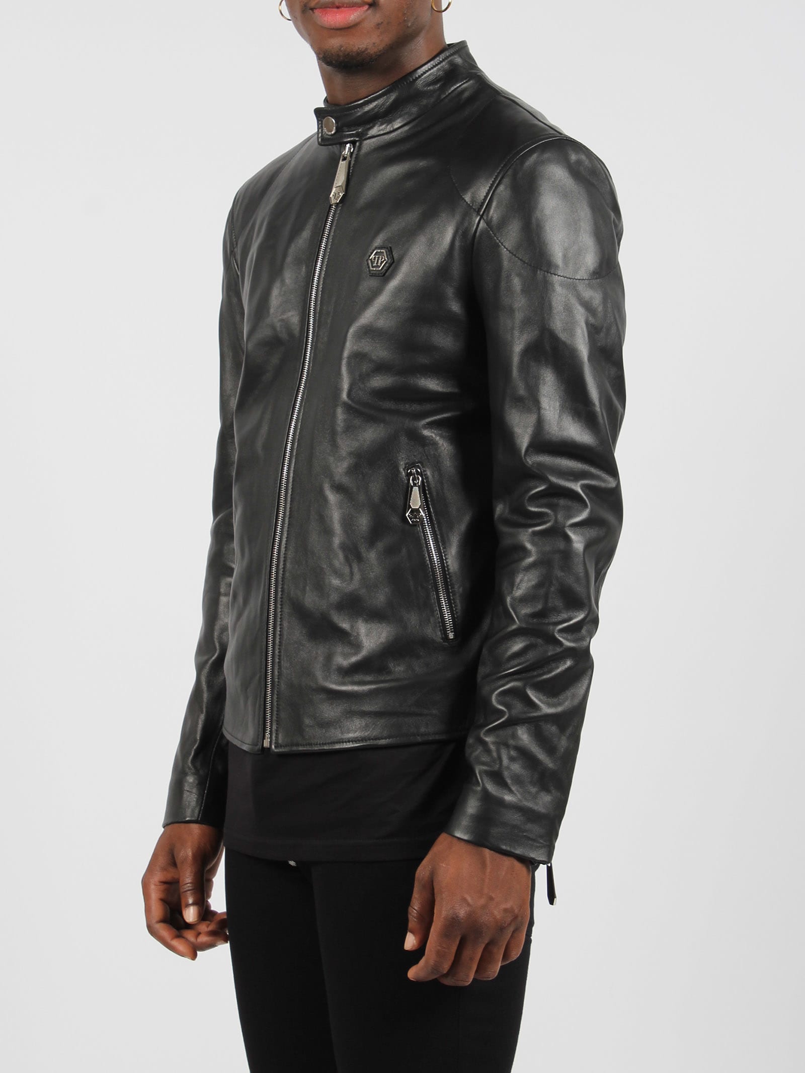 Shop Philipp Plein Basic Leather Moto Jacket In Black