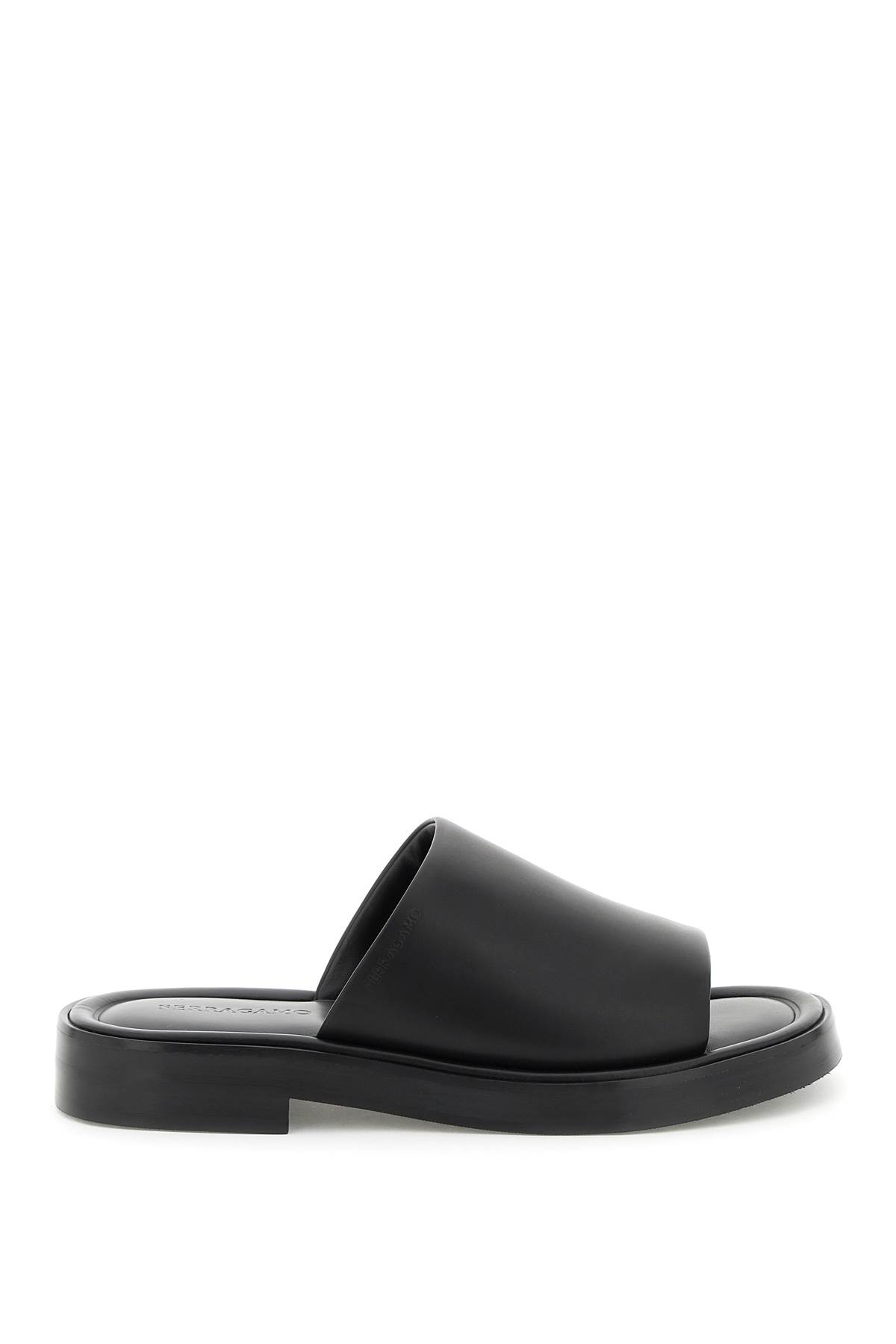 Ferragamo Logo Embossed Leather Slides In Nero