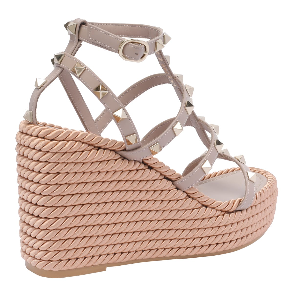 Valentino Studded Leather Wedge Sandals With Rafia Platform In Pink