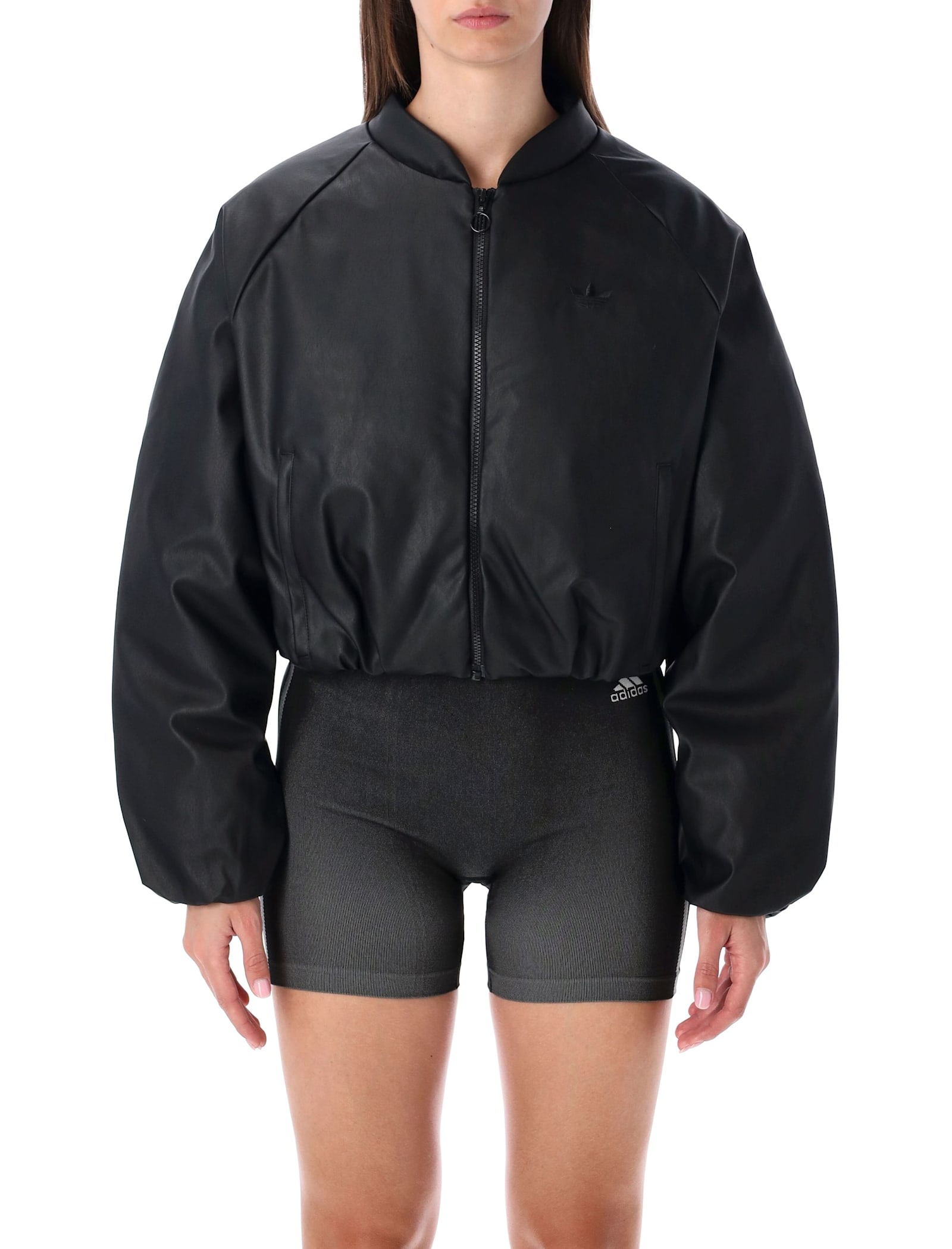 Adidas Originals Pleather Bomber Synthetic Down Jacket Black In Black