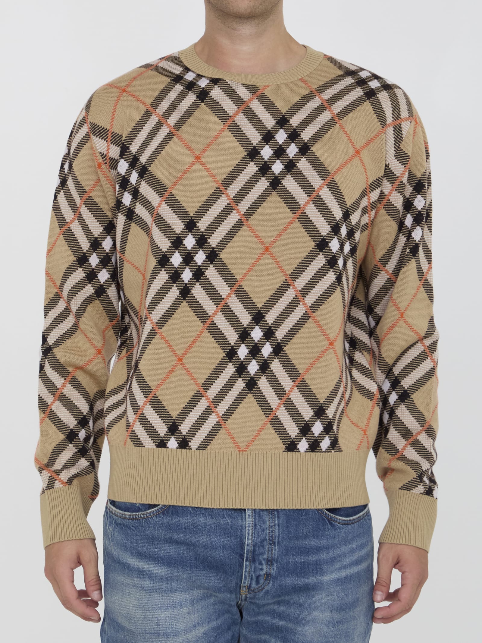 Shop Burberry Check Sweater In Beige