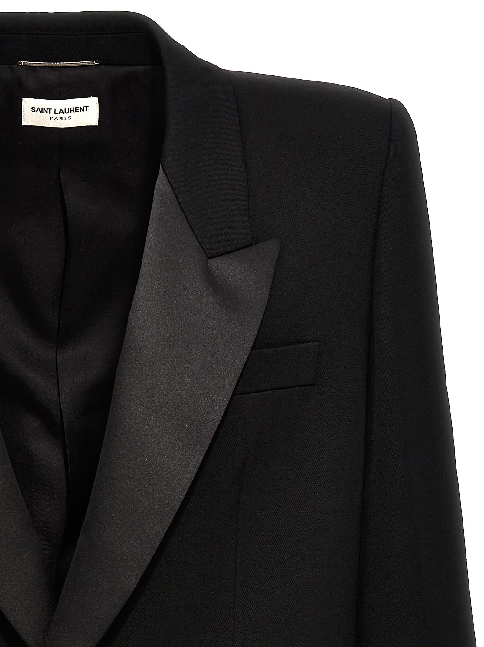 Saint Laurent Tuxedo Wool Blazer With Satin Lapel In Black