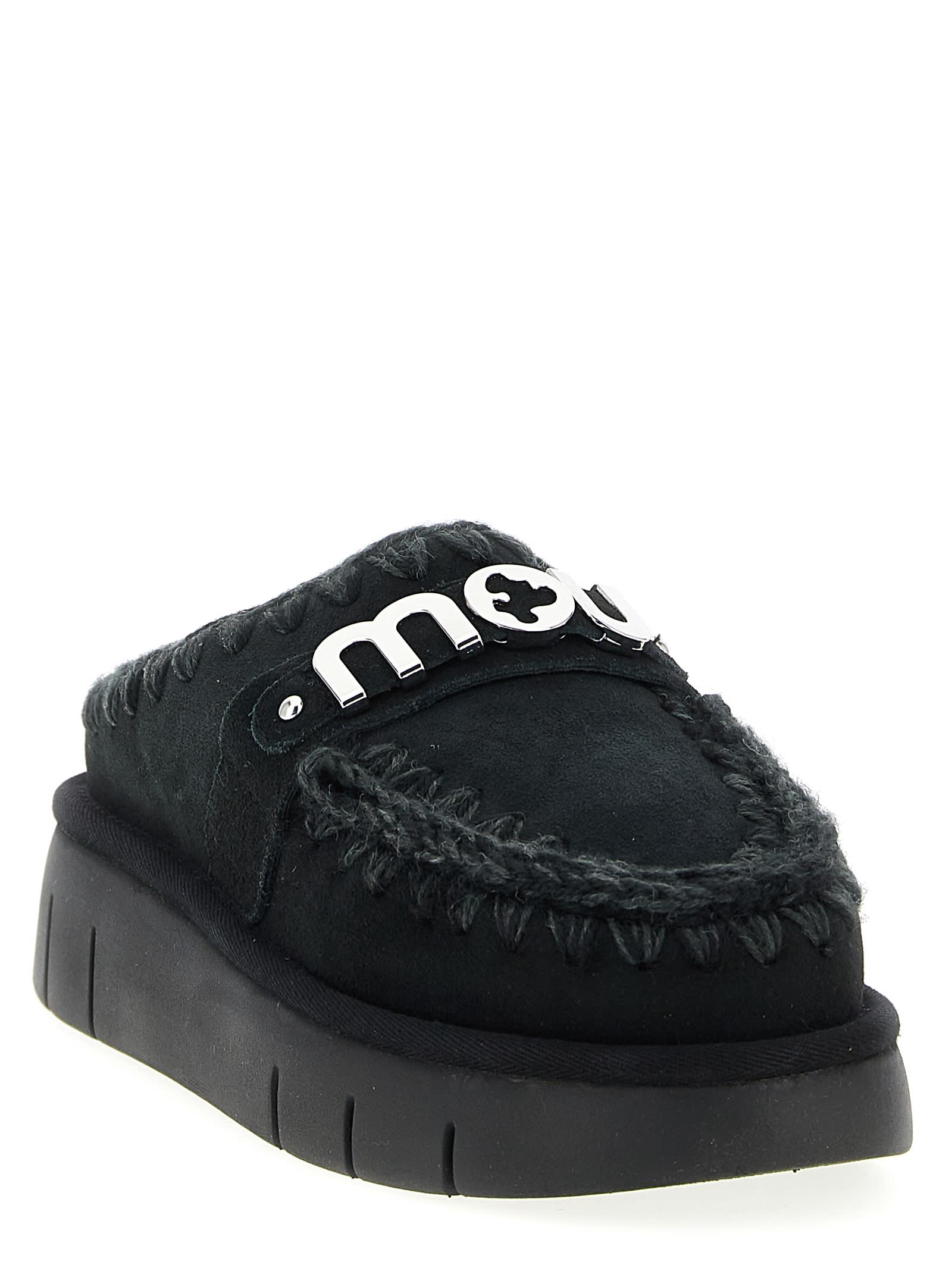 Mou Bounce Black Mules With Logo Lettering And Open Rear In Suede Woman In Black