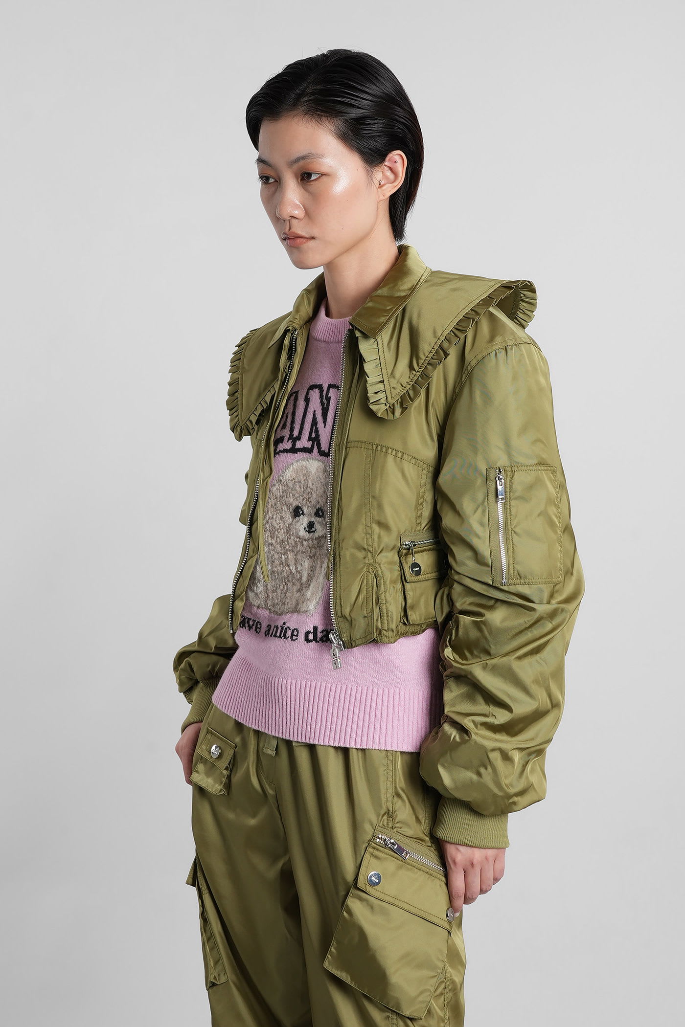 Ganni Short Nylon Bomber Jacket In Green